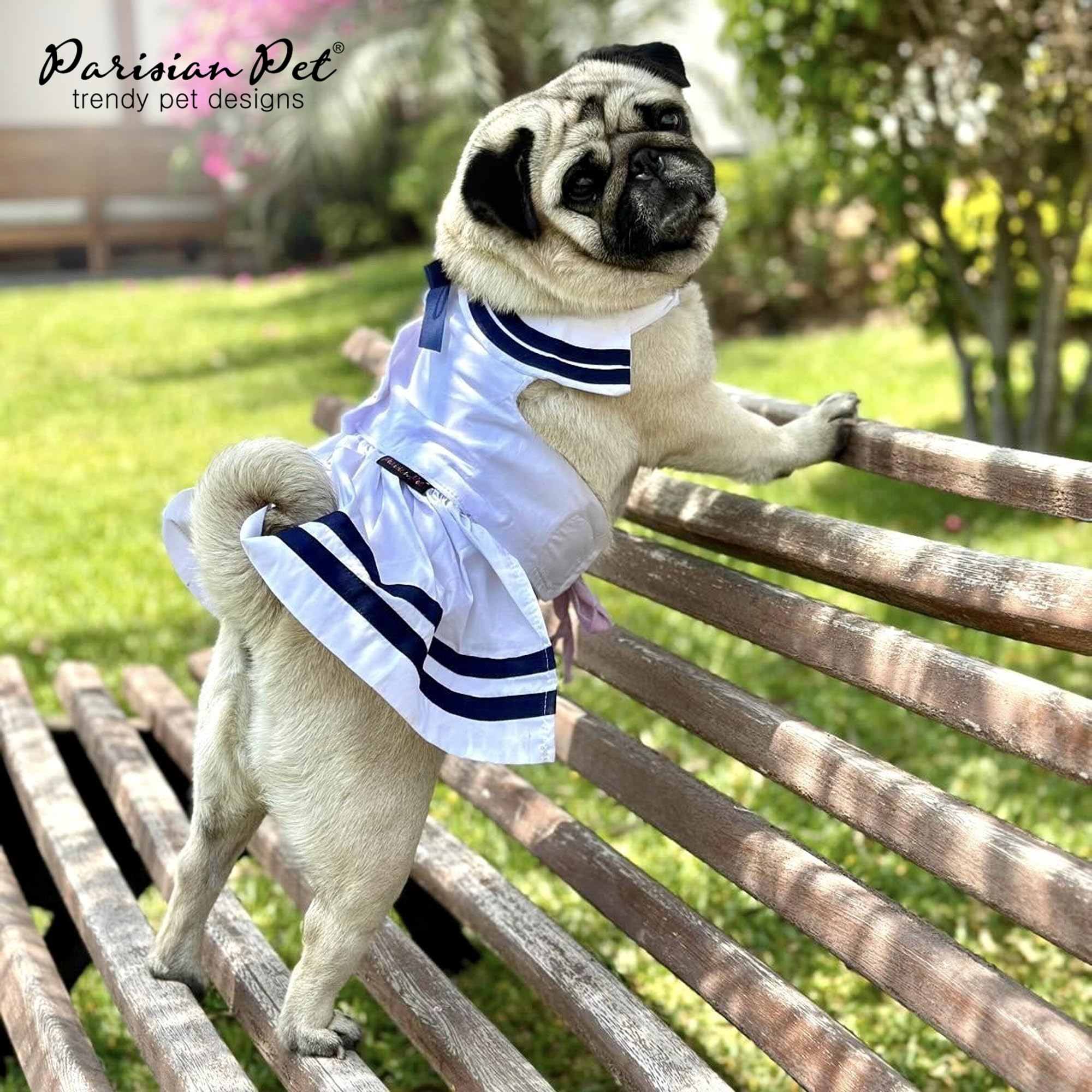 Parisian Pet Dog Dress - Lightweight Dog Sailor Outfit - Breathable Dog Summer Clothes - Pure Cotton White And Blue Dog Dressy Outfit - Dog Dresses For Large Dogs Girl - L