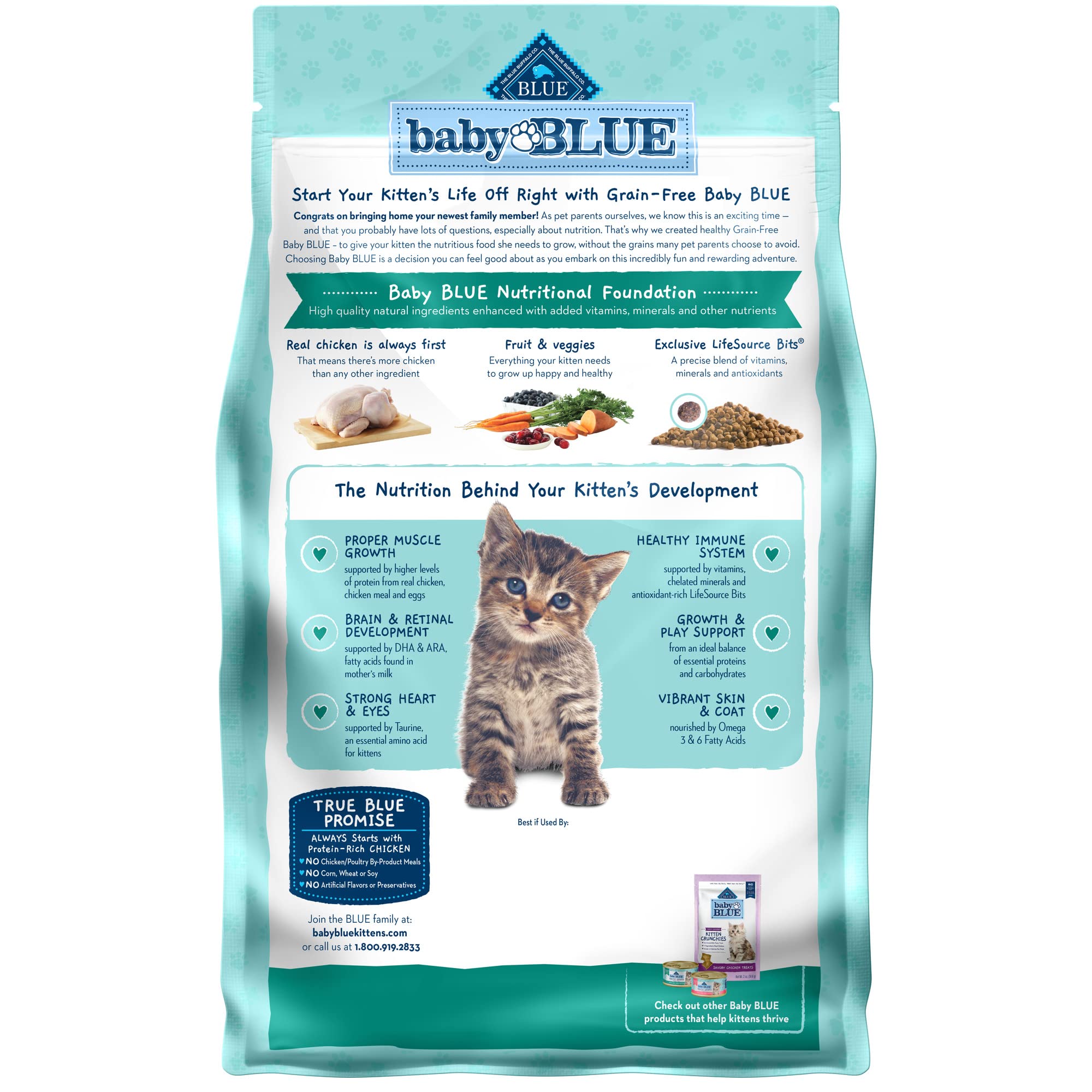 Blue Buffalo Baby BLUE Natural Kitten Grain-Free Dry Cat Food, High-Protein Healthy Growth Formula with DHA, Savory Chicken, 2-l