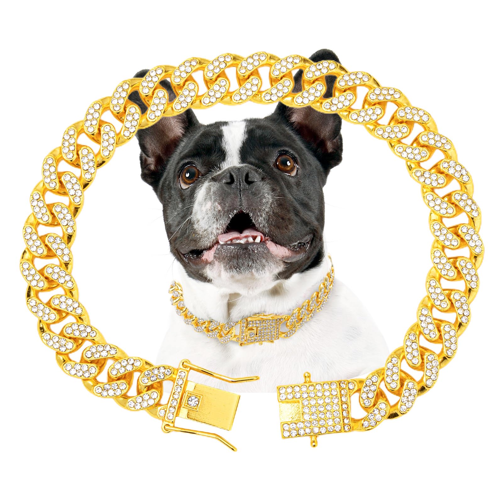 Thamiao Gold Dog Chain Diamond Gold Chain Dog Collar Walking Metal Chain Collar With Design Secure Buckle Pet Collar Jewelry Acc