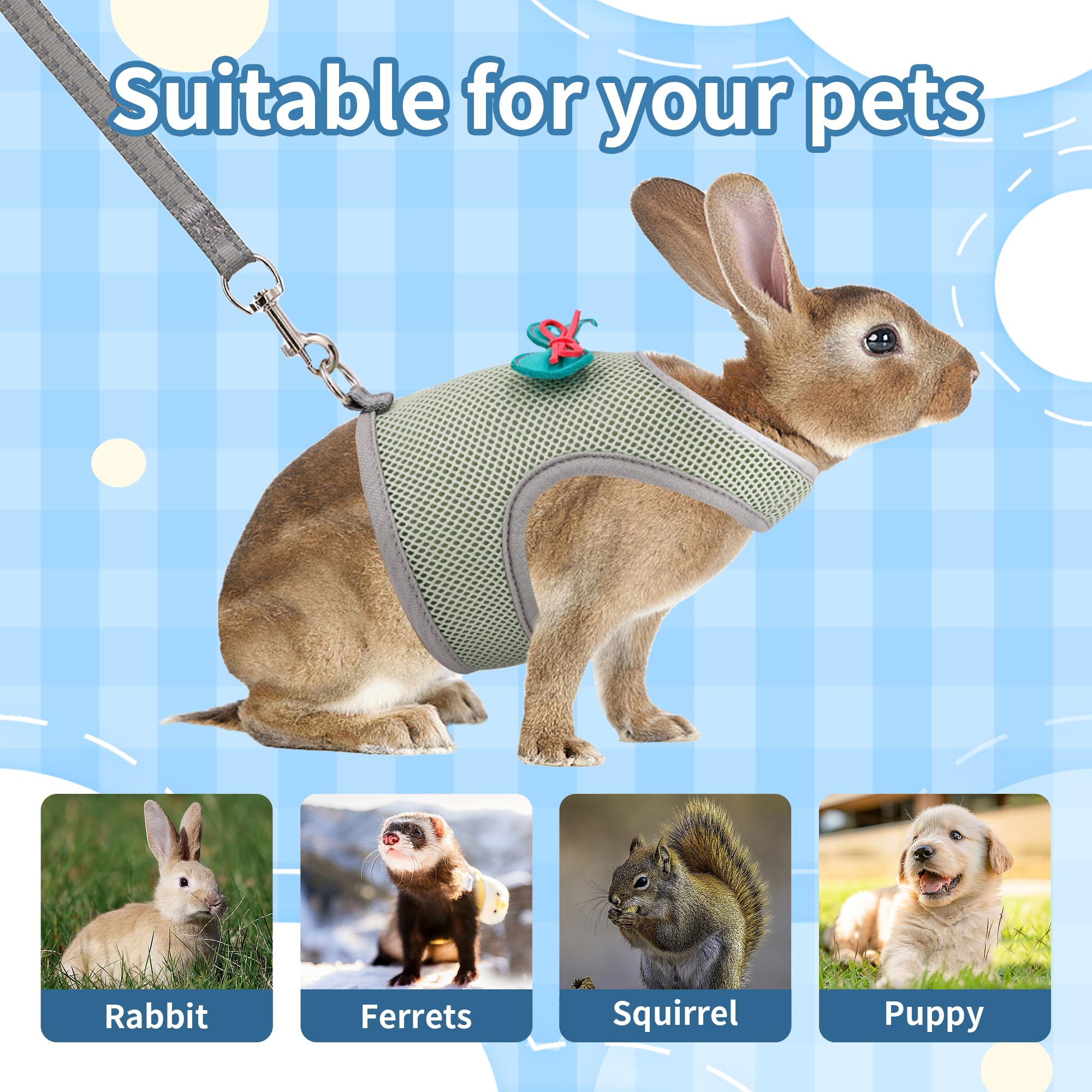 Aiitle Rabbit Harness And Leash Set With Cute Bow, Adjustable Bunny Harness Escape Proof For Rabbits Kitten Ferret Puppy Small P