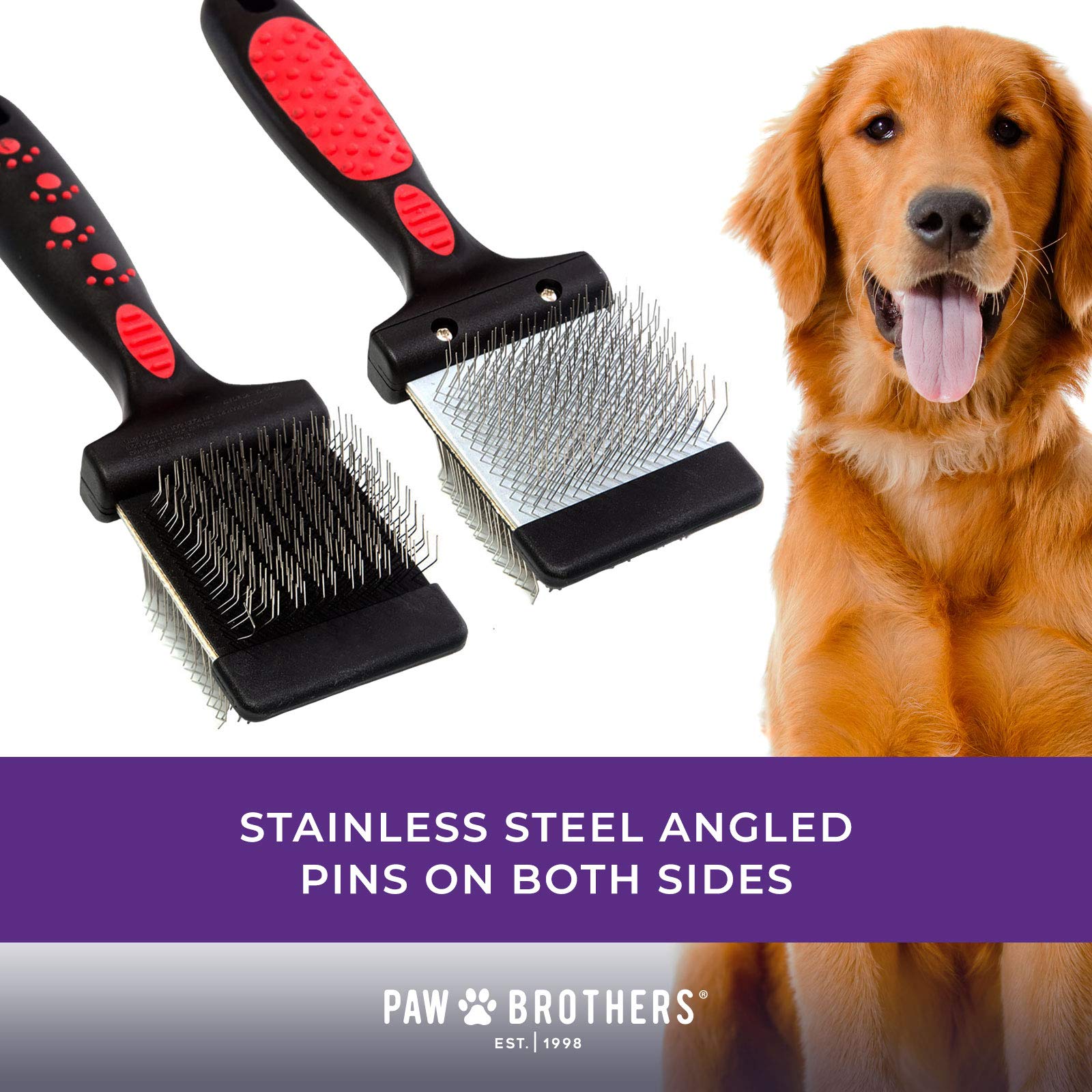 Ryan'S Pet Supplies Paw Brothers Double Sided Soft Flex Slicker Brush, Professional Grade, Angled Stainless Steel Pins, Comfort Grip, Flexible Head, Small, 2 In. X 2.5 In.