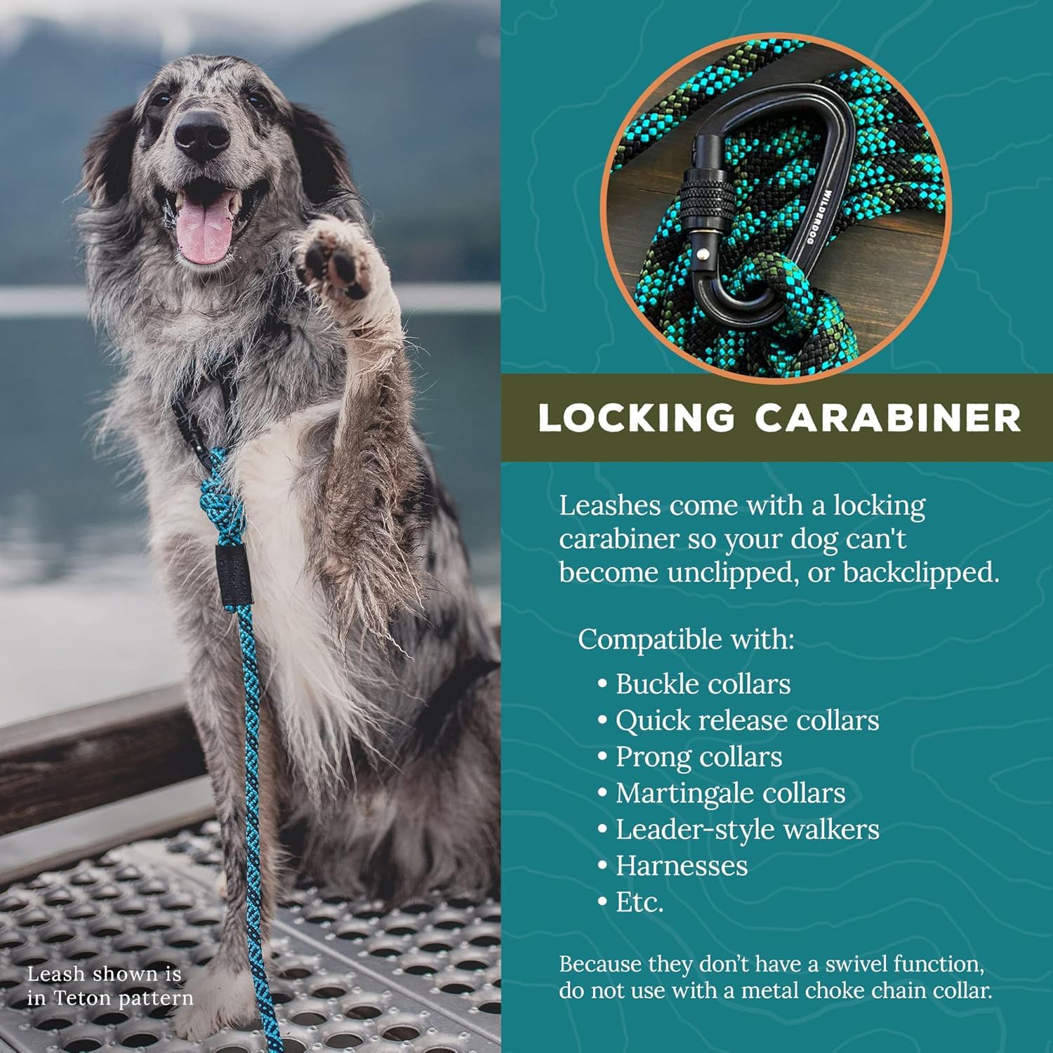 Wilderdog Carabiner Climbing Rope Dog Leash For Medium & Large Dogs - 5Ft - Granite