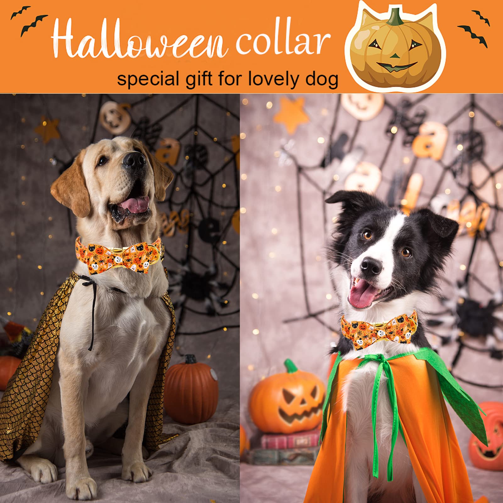 Aring Pet Dog Collar With Bow-Halloween Dog Collar Bowtie, Adorable Boy And Girl Ghost Pumpkin Dogs Bowtie Collar Gifts With Metal Buckle