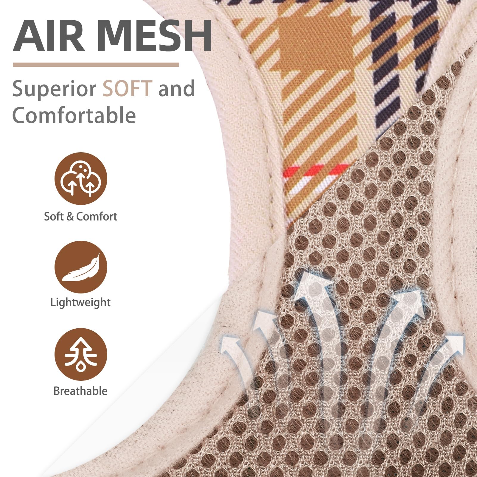 Pupteck Dog Harness And Leash Set For Small Medium Dogs No Pull Step-In Soft Mesh Puppy Cat Vest Harnesses Reflective At Night, Plaid Pattern Beige S