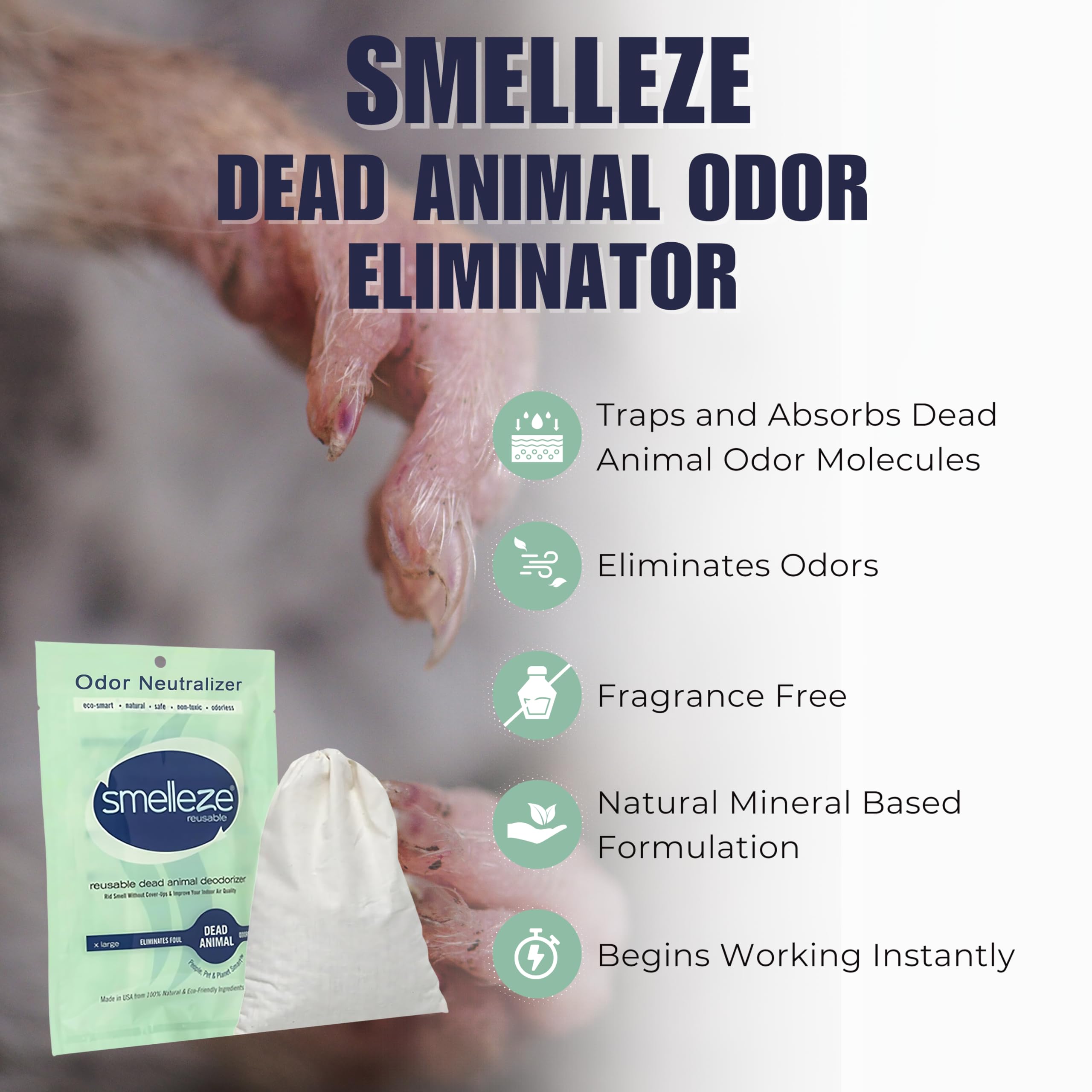 SMELLEZE Dead Animal Odor Eliminator - Natural Odor Remover for Indoor & Outdoor Use - 1 Count, Model 11304
