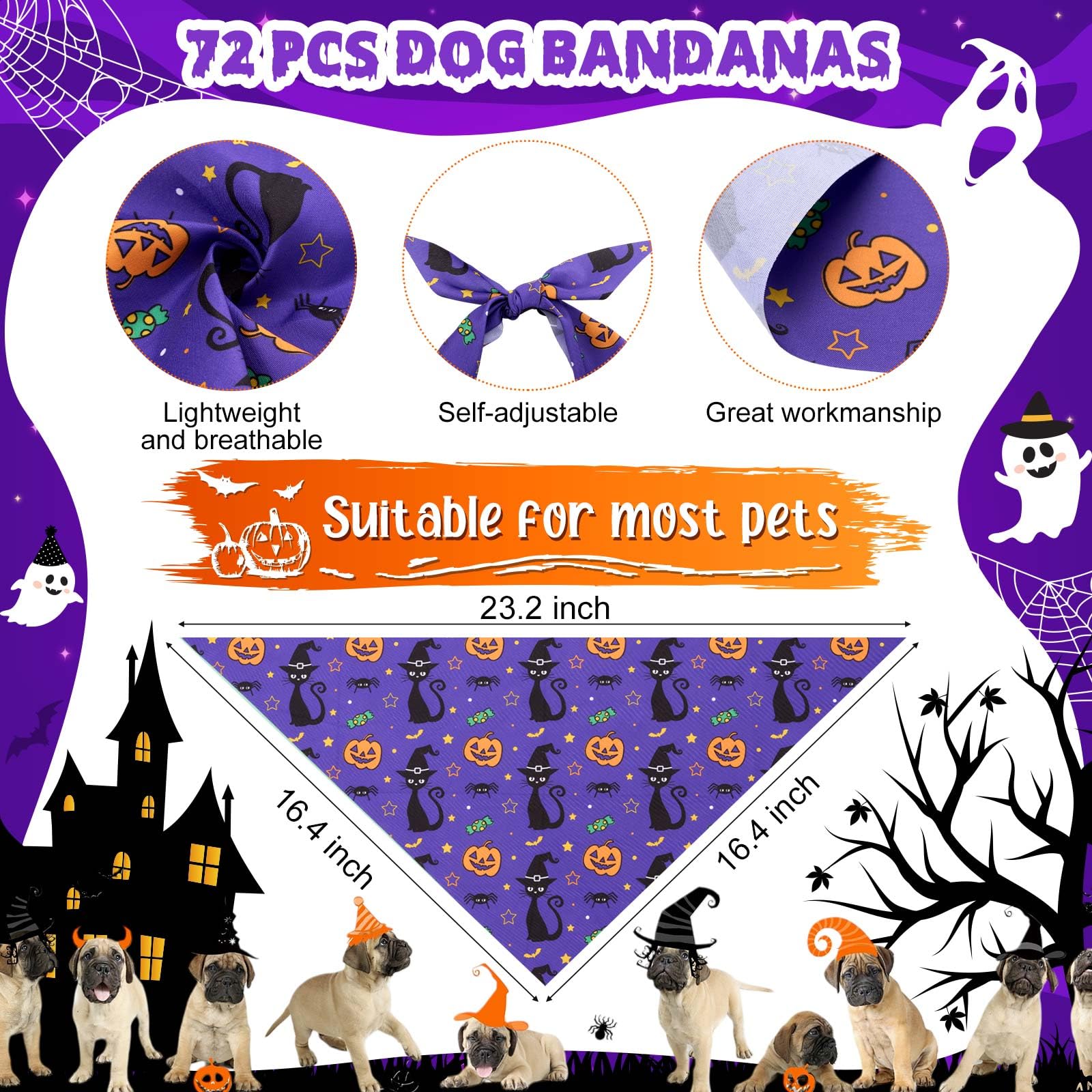 Sanwuta 72 Pcs Halloween Dog Bandana Bulk Washable Puppy Triangle Scarfs Halloween Pumpkin Cat Bandanas Adjustable Soft Pet Tria
