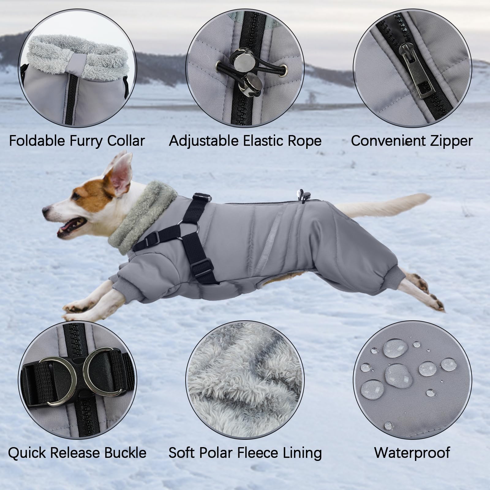 BRKURLEG Grey Dog Winter Coat, Cozy Winter Dog Jackets with Harness, Onesie Body Warm Dog Christmas Coats, Pet Reflective Windpr
