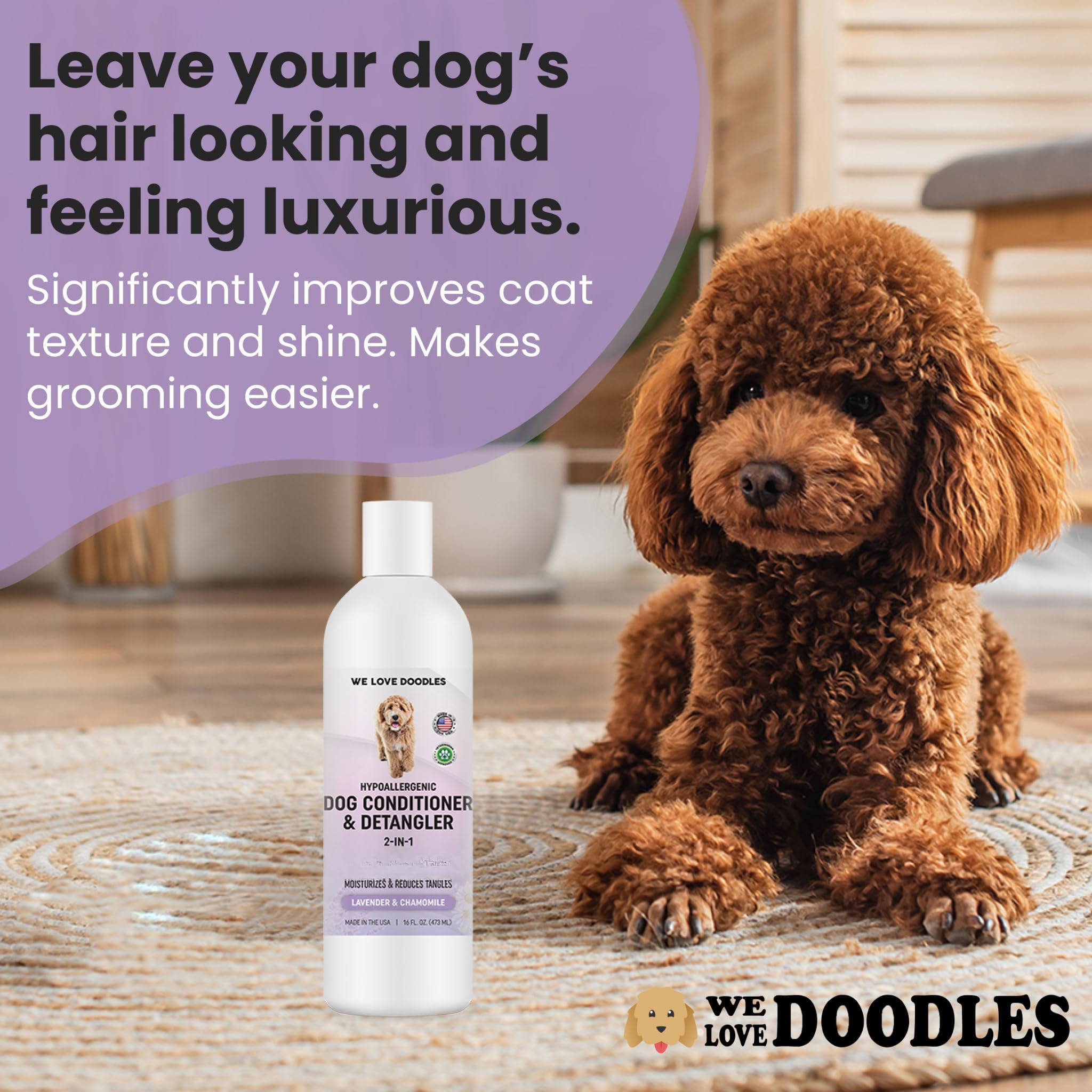 Dog Conditioner & Detangler, 2-in-1 Conditioner for Allergies & Itching, Made in USA, Lotion Treatment for Dogs, Perfect for Poo