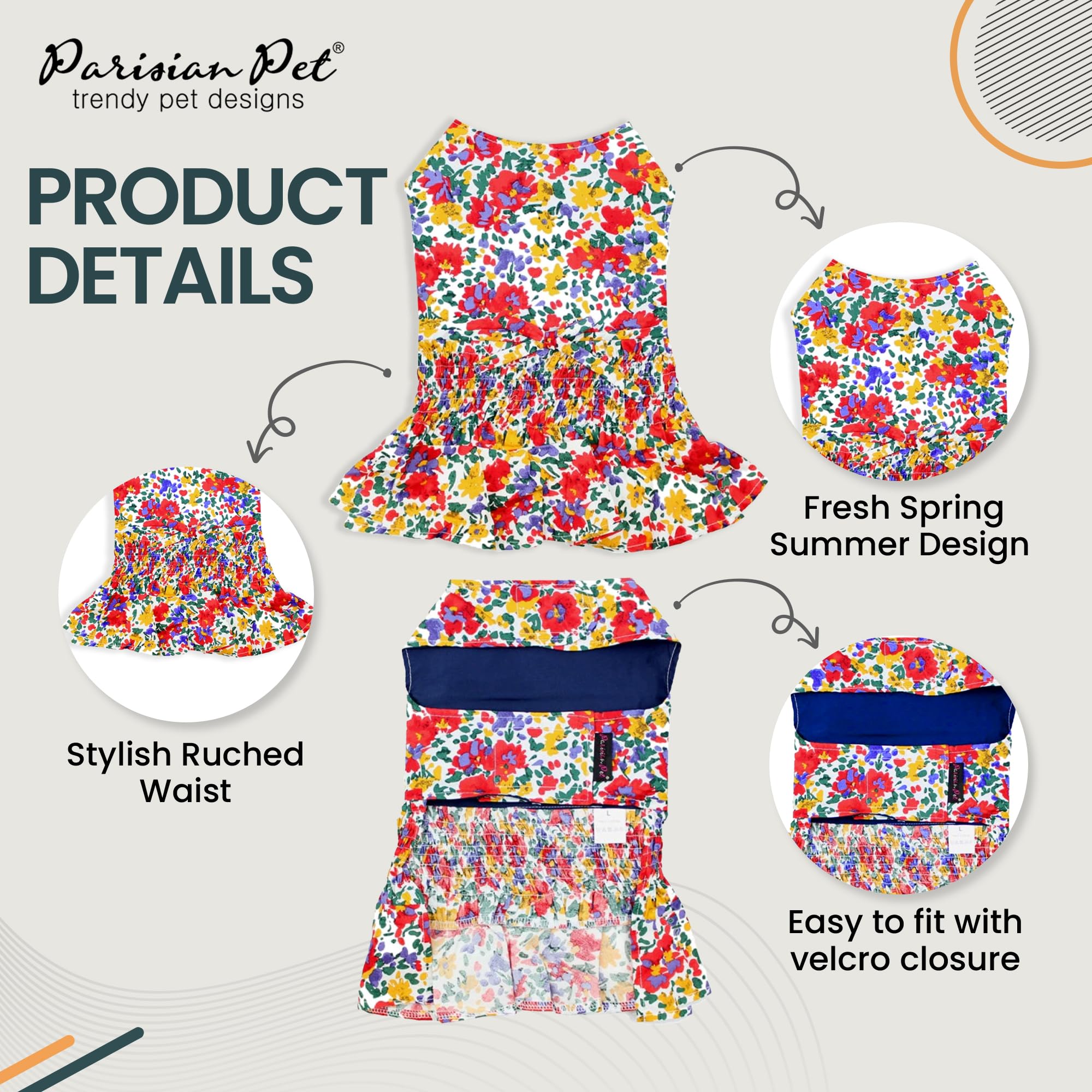 Parisian Pet Floral Printed Dog Summer Dress - 100% Cotton Breathable Ruched Waist - Medium Dog Girl Dress