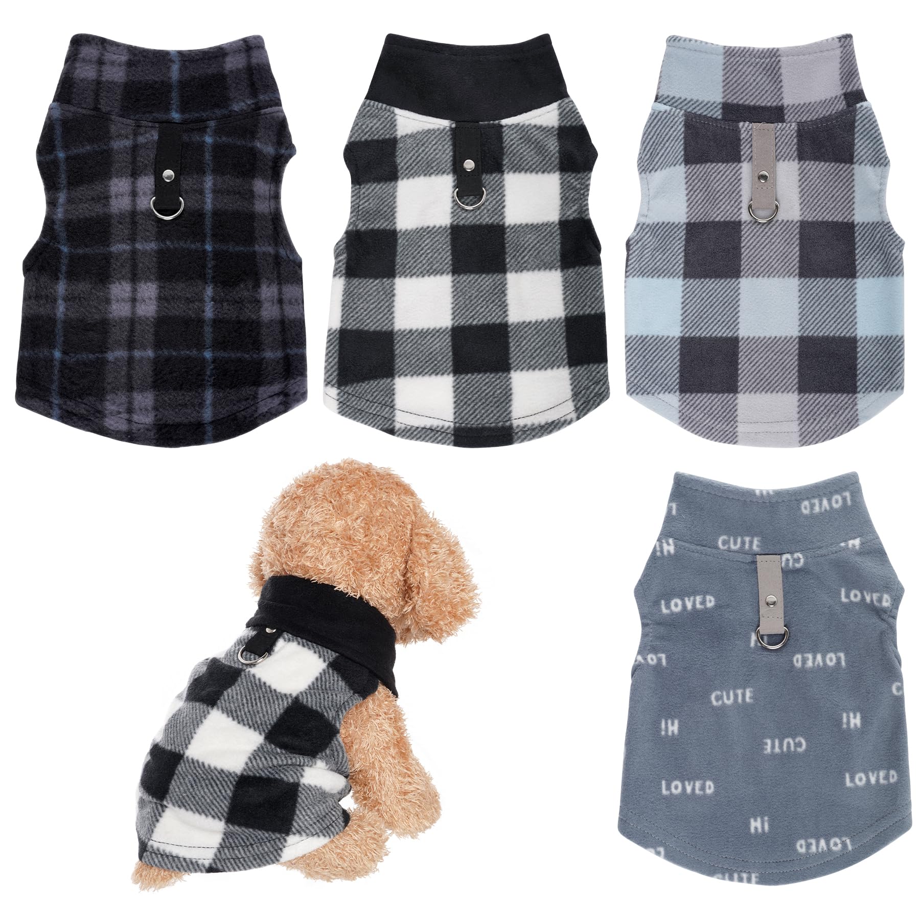 Rbenxia 4 Pieces Buffalo Plaid Dog Sweaters with Leash Ring Soft Fleece Vest Warm Dog Pullover Jacket Dog Clothes Winter Dog Out
