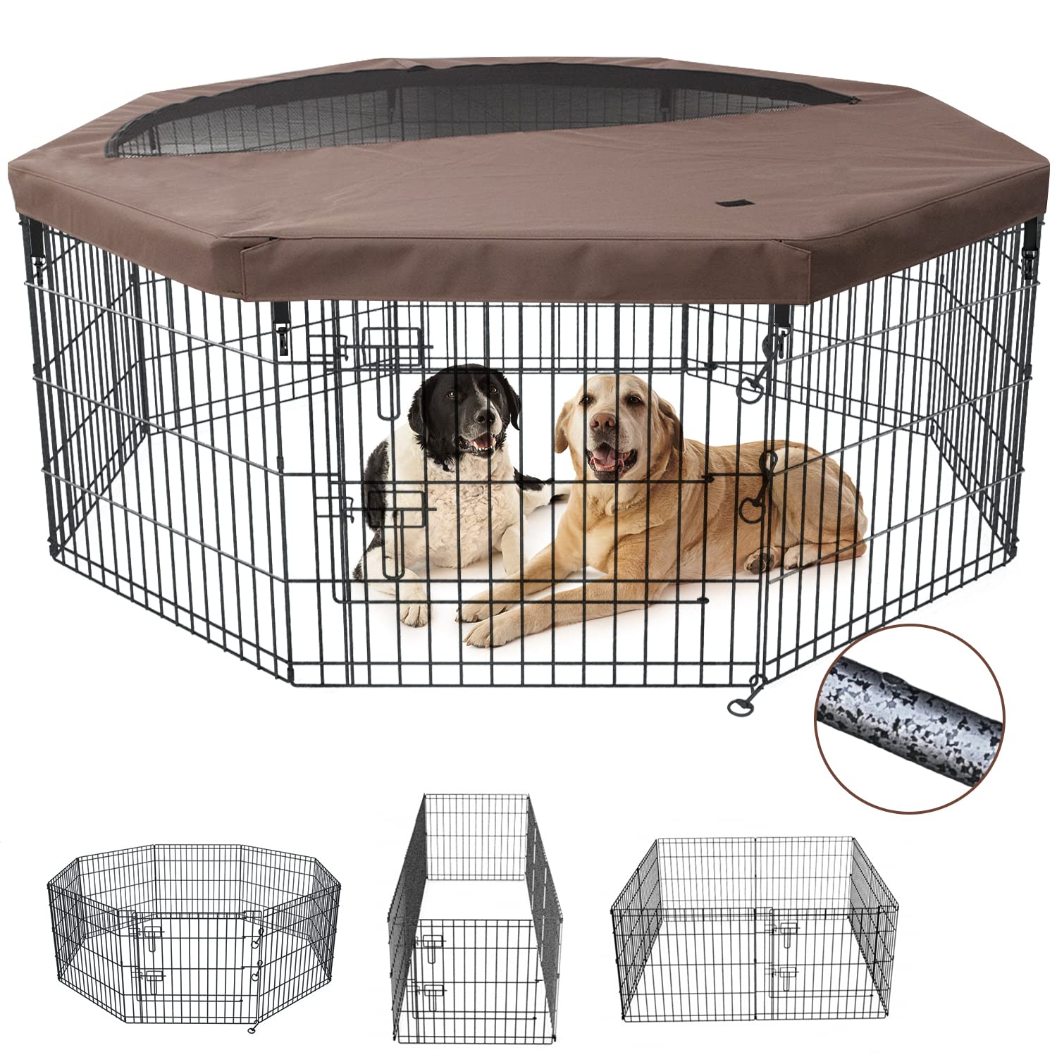 Nezuc Foldable Metal Dog Exercise Playpen Gate Fence Dog Crate 8 Panels 24 Inch Height Puppy Kennels With Top Cover For Animals 