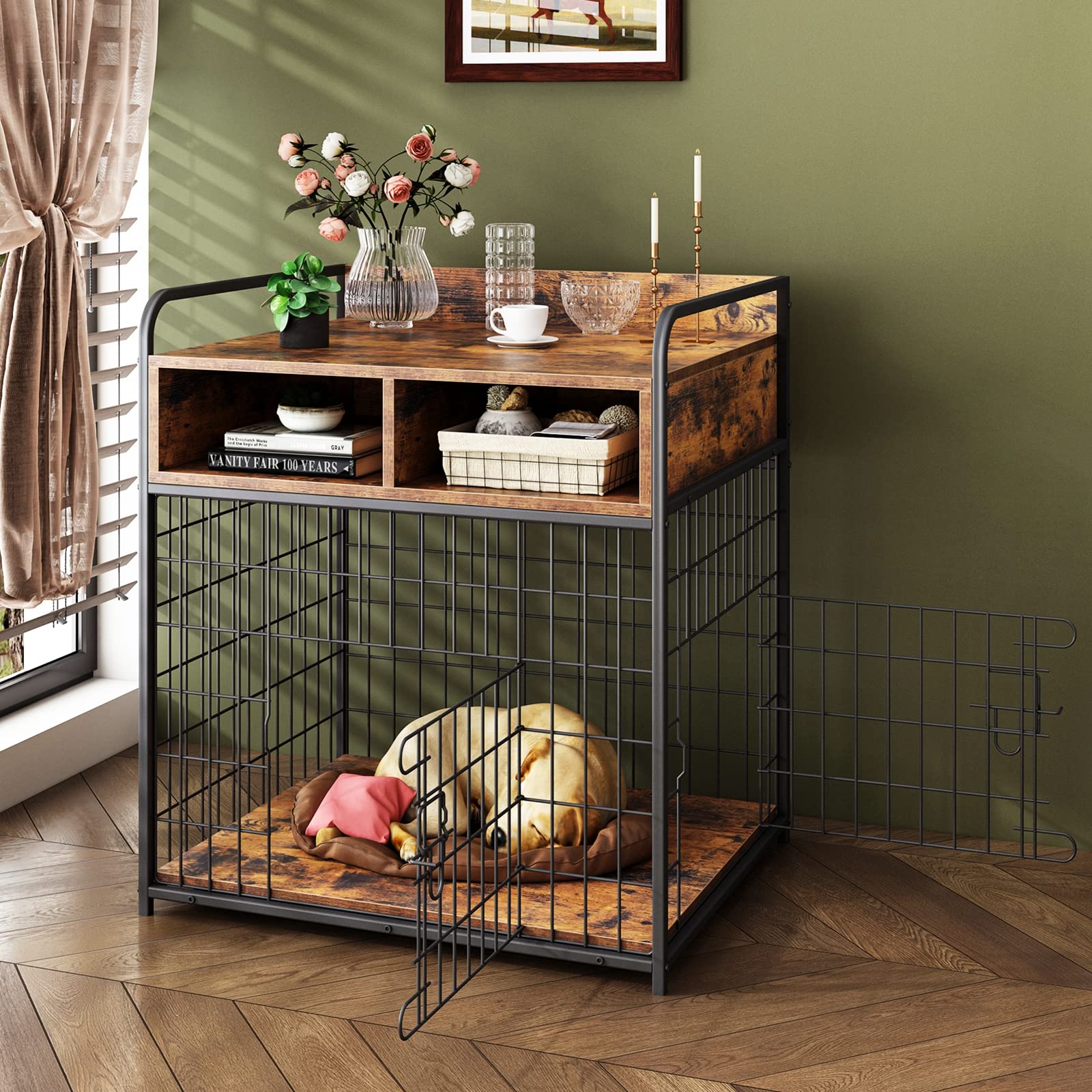Saudism Small Dog Crate Furniture, Puppy Dog Kennel Indoor, Wood Dog Cage Table with Drawers Storage, Heavy Duty Dog Crate, Jaul