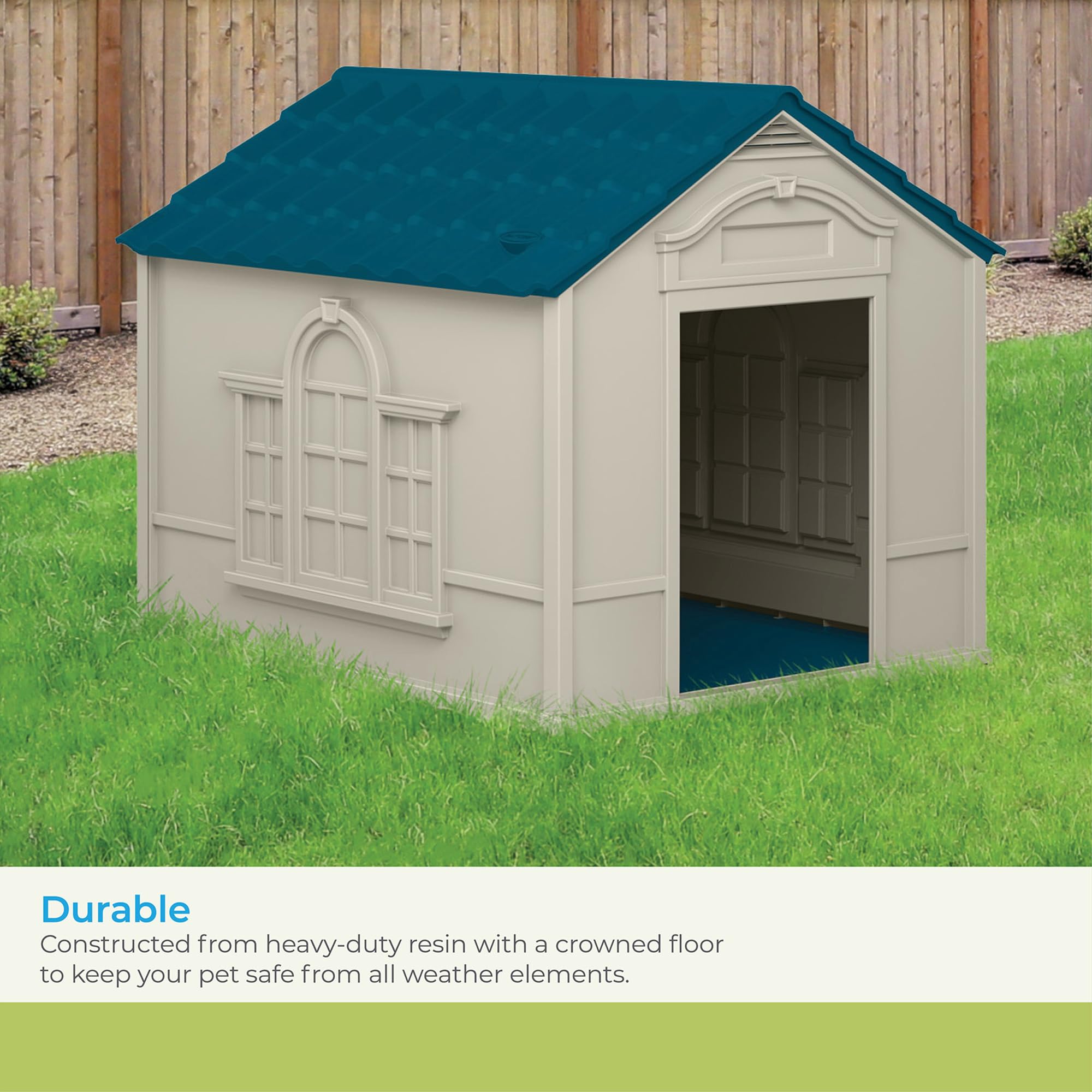 Suncast Deluxe Dog House For Dogs Up To 100 Pounds With Removable Roof, Vents, Crowned Channeled Floor, And Personalization Labels, Taupe/Blue