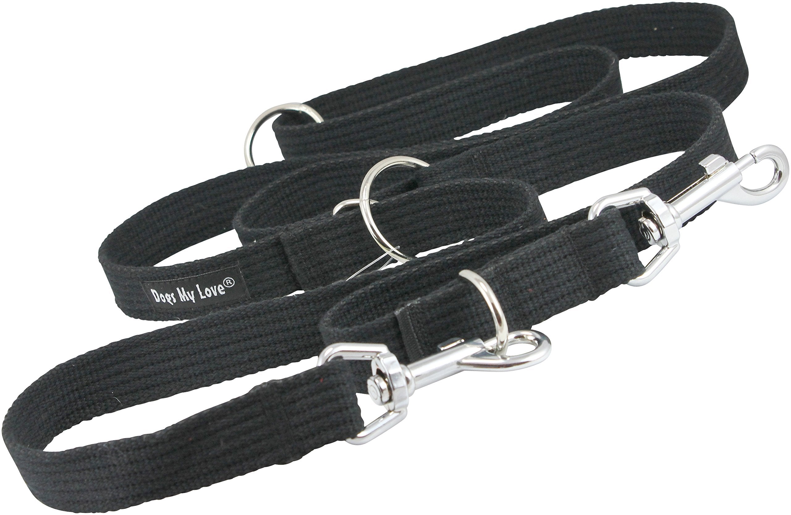 Dogs My Love 1' Wide Cotton Web 6-Way European Multi-Functional Dog Leash, Adjustable Lead 45'-78' Long, Large (Black)