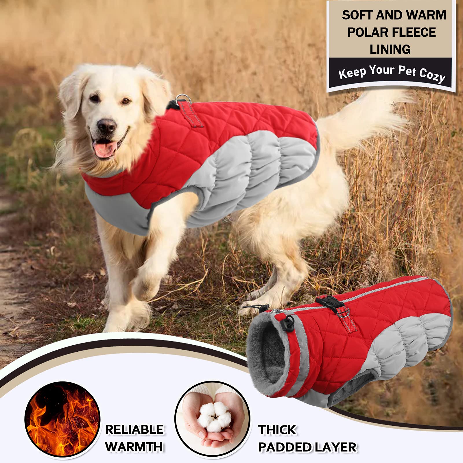 Aofitee Winter Dog Coat Warm Fleece Dog Jacket For Cold Weather, Reflective Zip Up Puppy Dog Sport Vest With Leash Rings, Outdoor Pet Sweater Apparel Clothes For Small Medium Large Dogs, Red S
