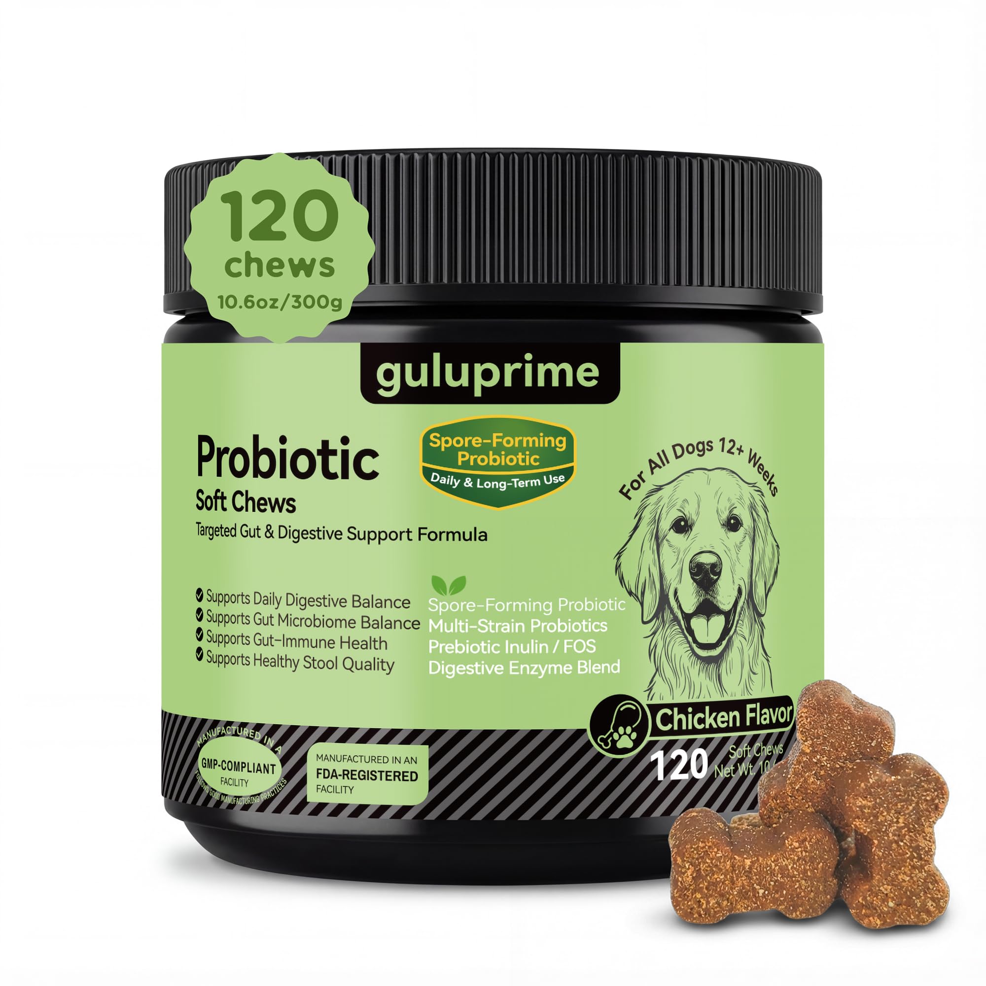 Probiotics & Prebiotics Soft Chews for Dogs - Daily Gut & Digestive Support, Spore-Forming Probiotic with Multi-Strain Lactobaci