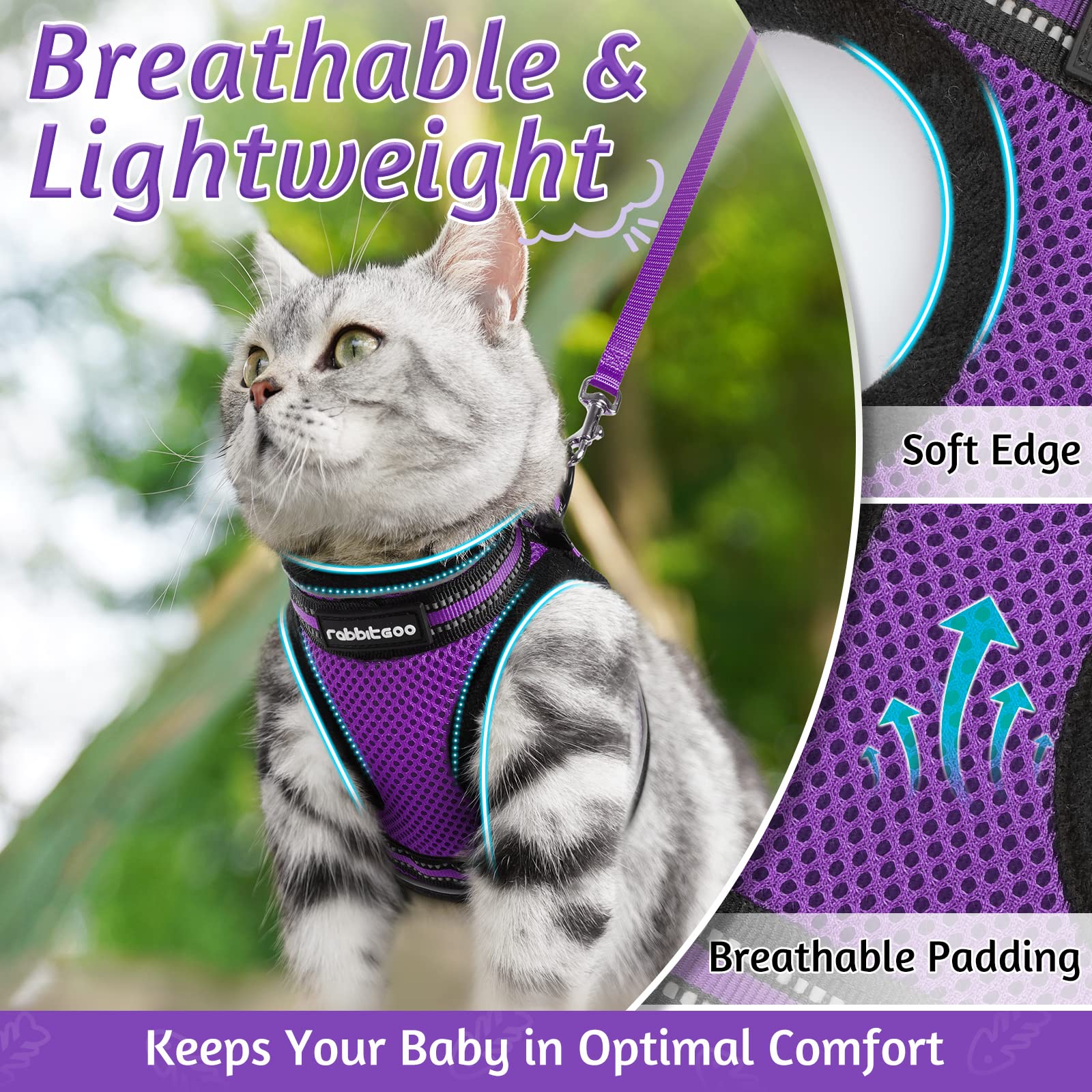 Rabbitgoo Cat Harness And Leash Set For Walking Escape Proof, Adjustable Soft Kittens Vest With Reflective Strip For Cats, Comfortable Outdoor Vest, Purple, L