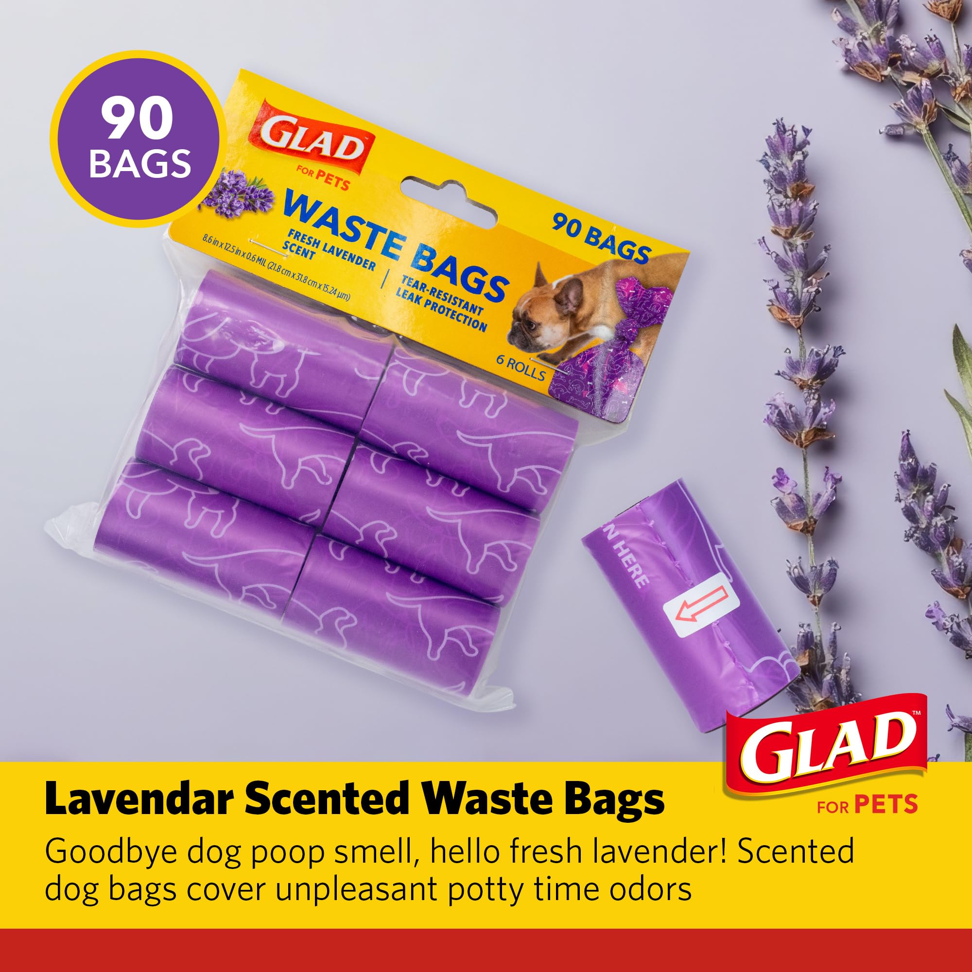 Glad for Pets Scented Waste Bags, Tear Resistant Pet Poop Pick-up Bags with Leak Protection, Fresh Lavender Scent, Purple Design