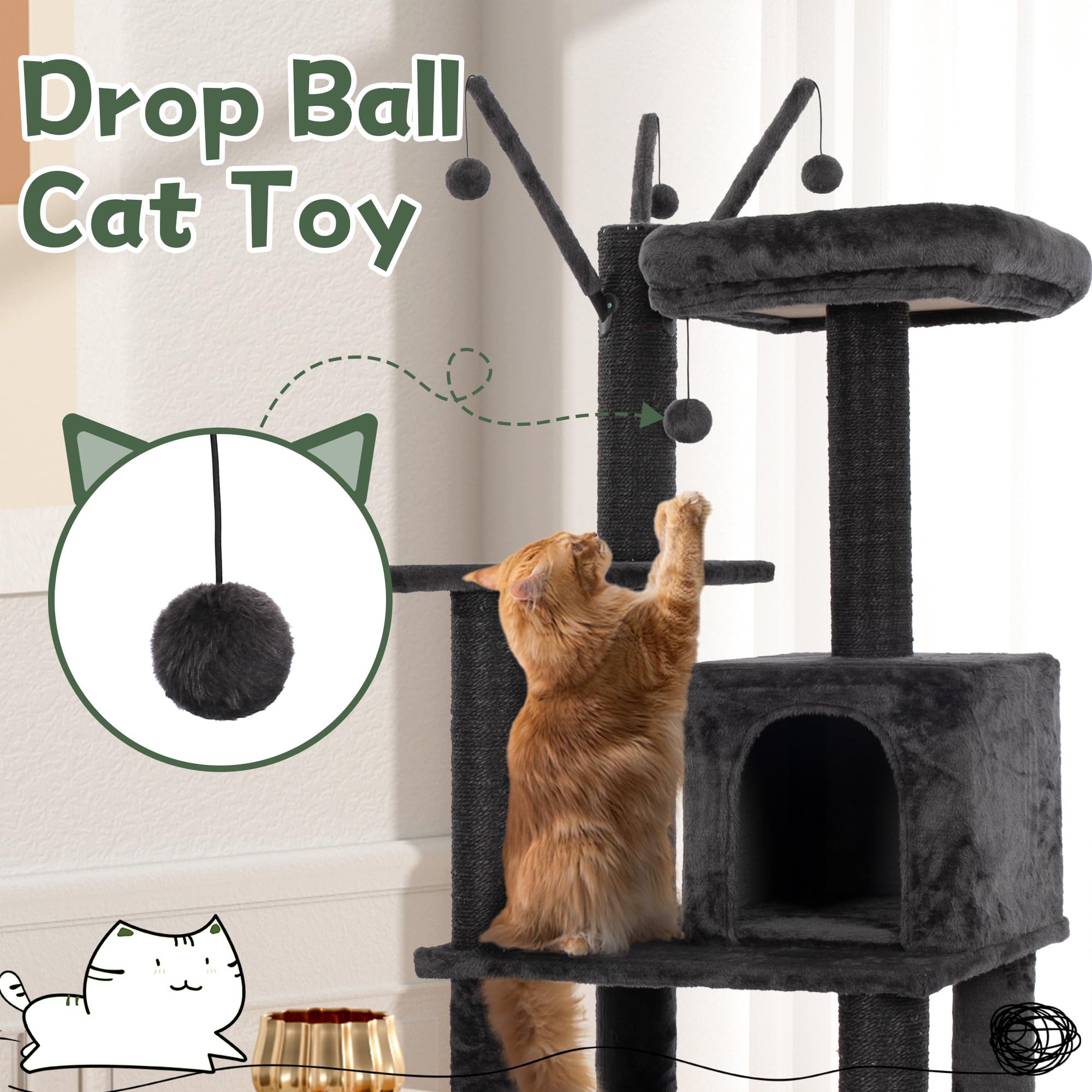 Kamaboko Gothic Cat Tree, 73.6In Black Cat Tower With Coffin Bed, Big Tall Cat Condo With Sisal Scratching Posts, Scratching Ram