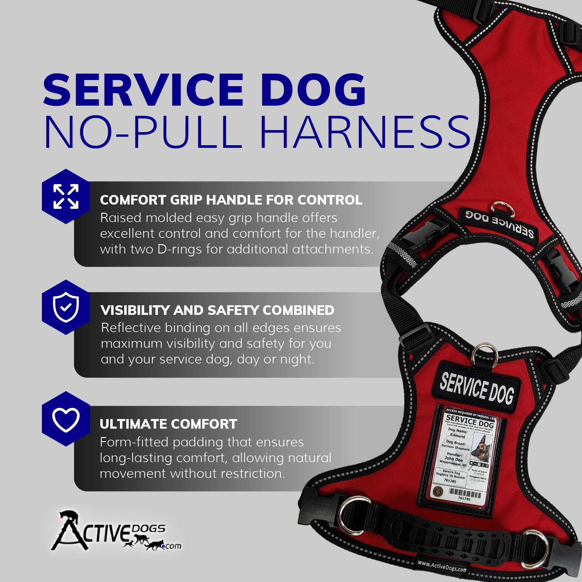 Activedogs Service Dog Vest No Pull Harness - Adjustable No Choke Service Dog Harness For Xl Dogs With Service Dog Patch, Control Handle, Id Window, D-Rings & Reflective Padding - Red, 31'-44'