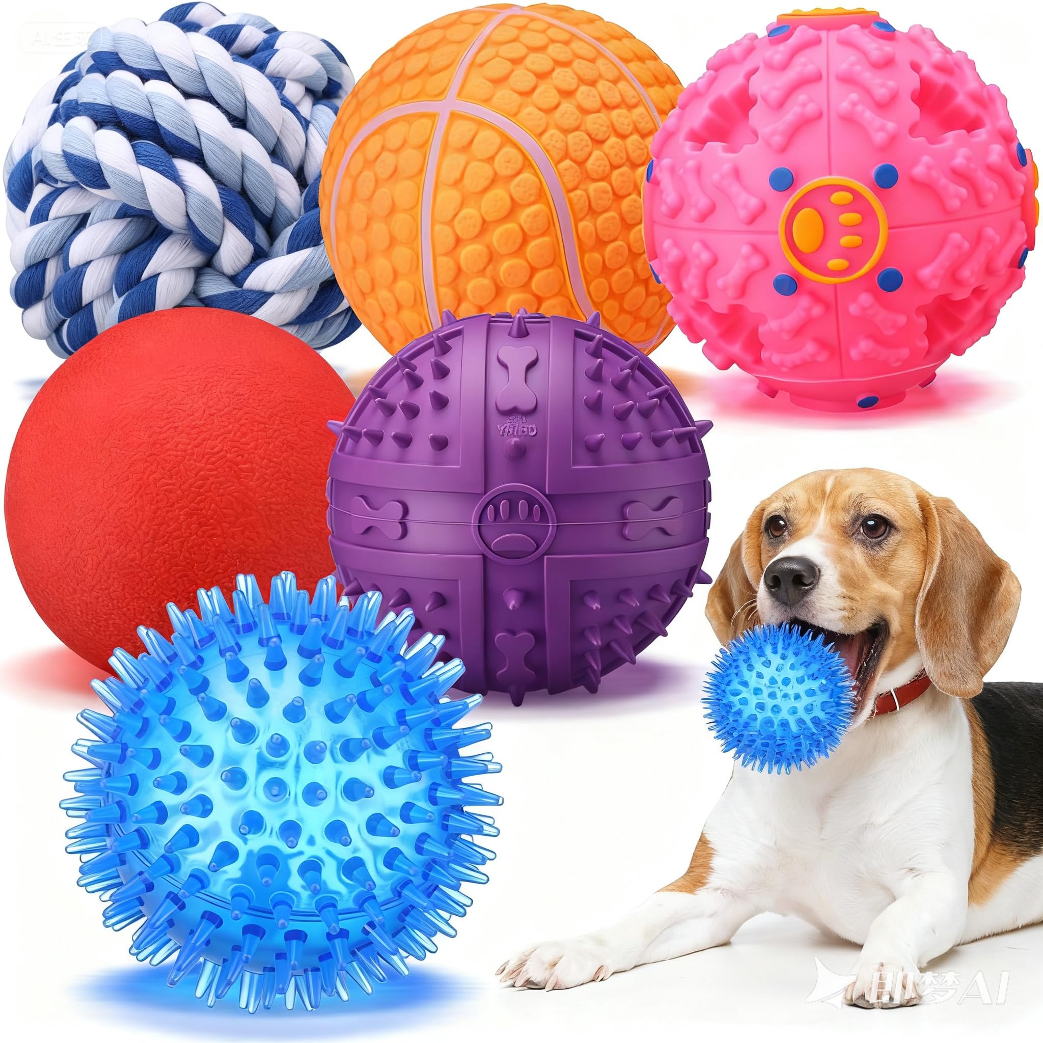 Soulchen 6 Pack 3.5 Dog Squeaky Balls Interactive Rubber Chew Toys Spiky Dental Fetch Balls Treat Puzzle Training Toys for Puppi