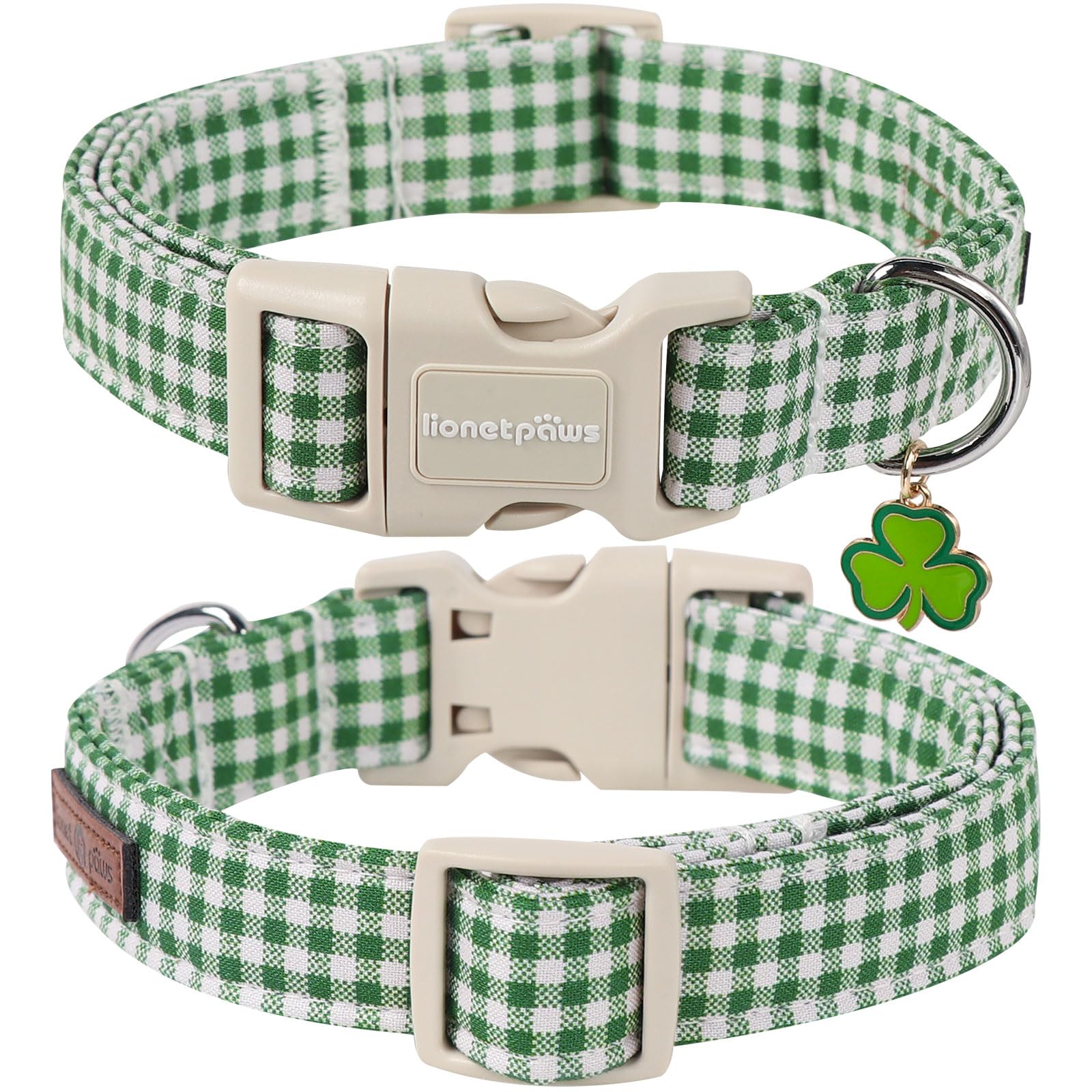 Lionet Paws St. Patrick Dog Collar, Comfortable Adjustable Green Collar With Green And White Grid Pattern For X-Large Male Femal