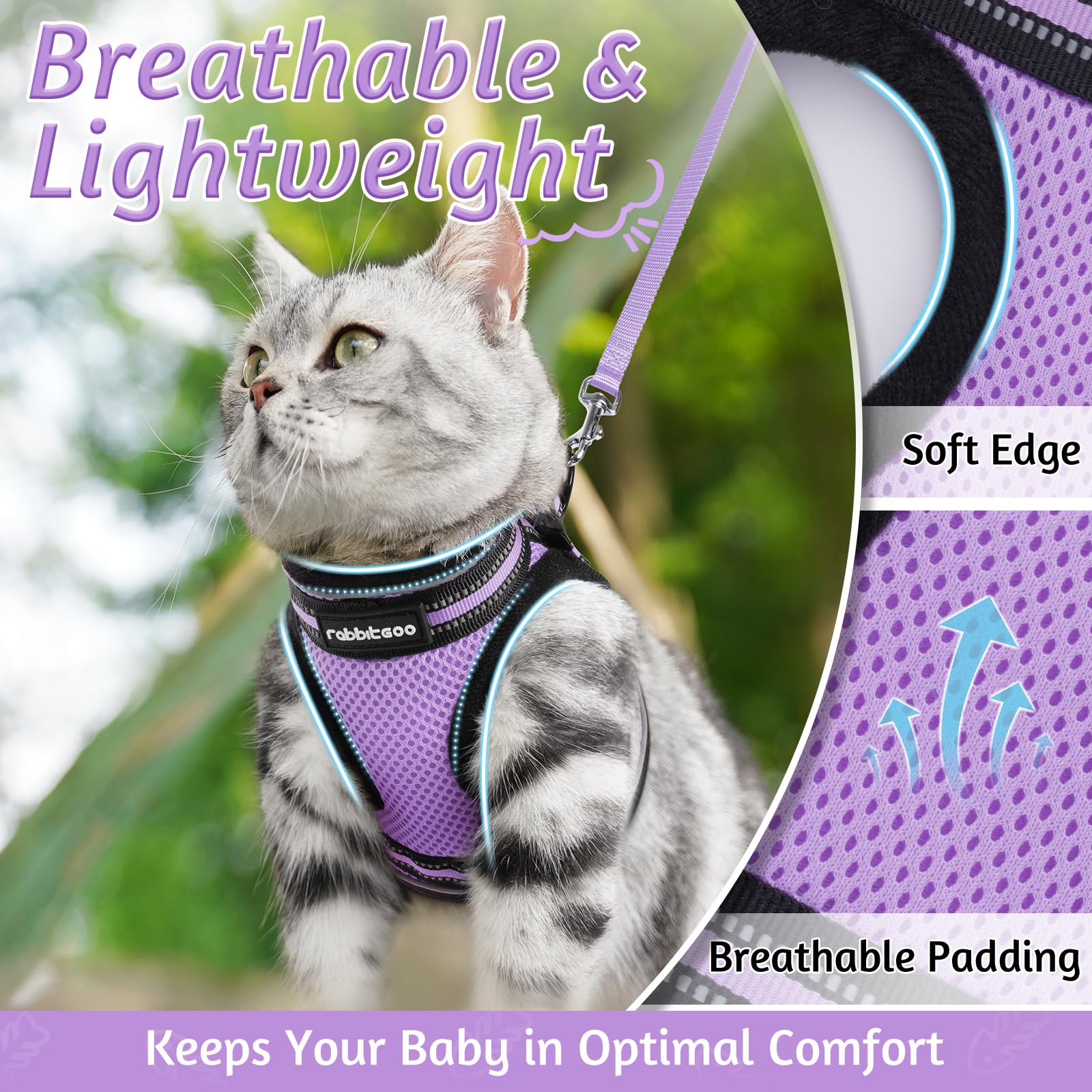 Rabbitgoo Cat Harness And Leash Set For Walking Escape Proof, Adjustable Soft Kittens Vest With Reflective Strip For Cats, Comfortable Outdoor Vest, Light Purple, M