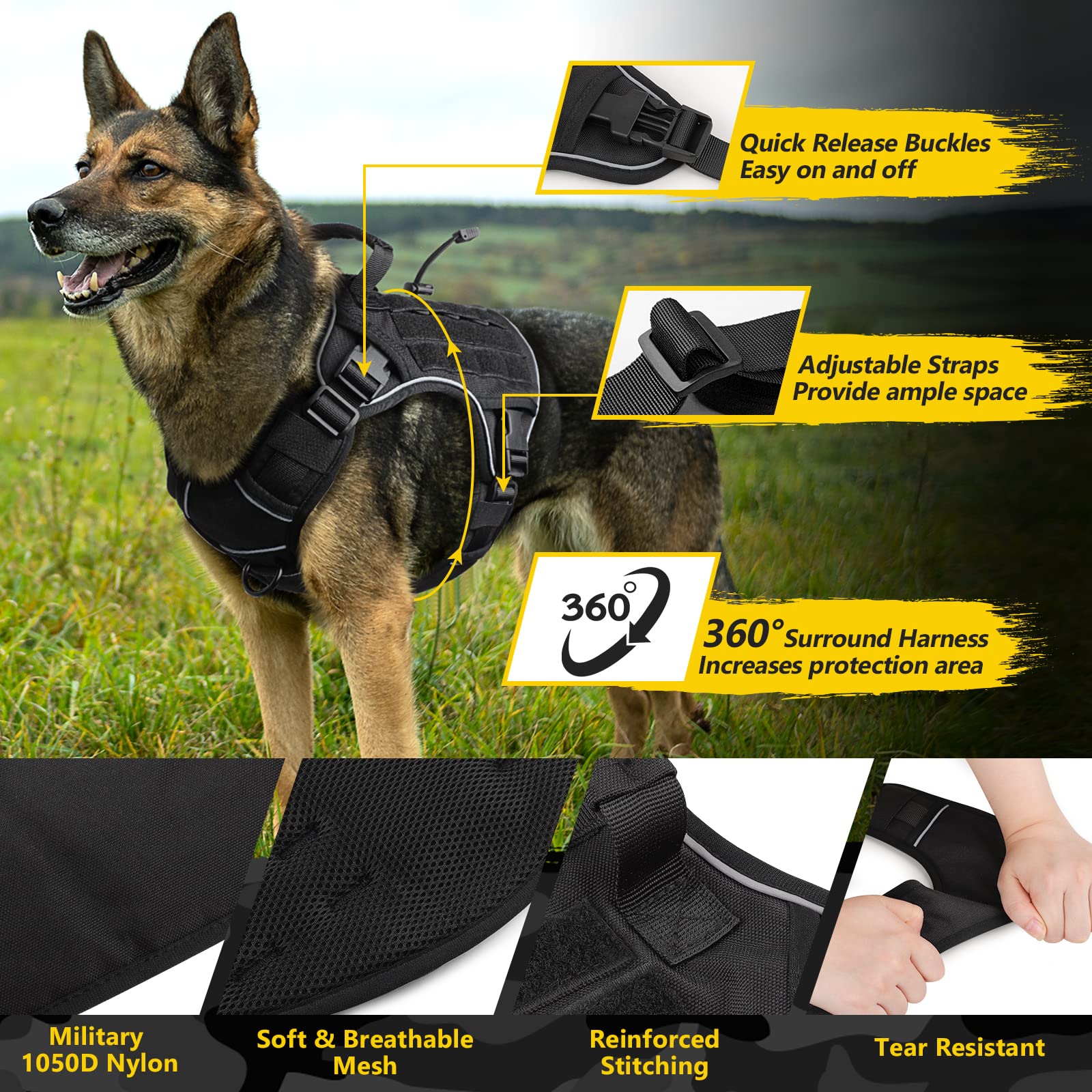 Wingoin Black Tactical Dog Harness For Large Dogs No Pull Adjustable Reflective Military Pet Harness With Easy Control Handle With Hook & Loop Panels For Walking Hiking Training(Xl)