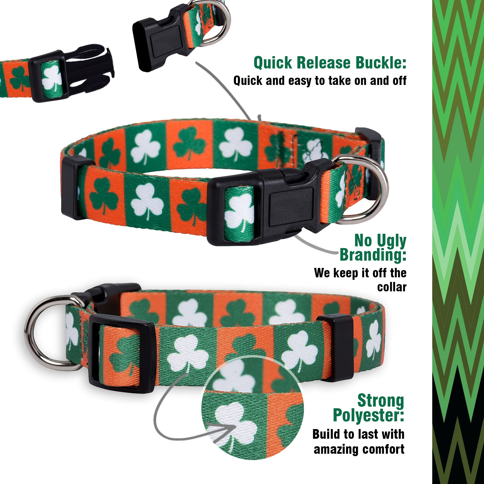 Native Pup St Patricks Dog Collar- Saint Patrick Green Shamrock Pet Collars- St. Patricks Lucky Irish- Adjustable For Small, Med