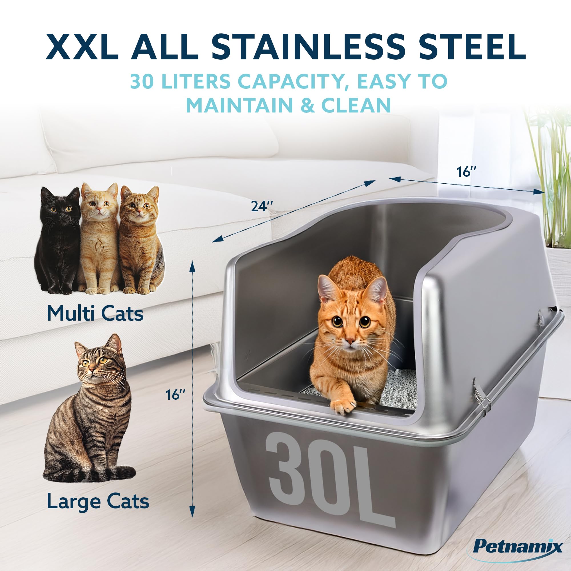 Xxl Stainless Steel Litter Box With Lid 30L Capacity 16 Inch High Sides, Leak Proof Anti Tracking Pedal Non Stick Easy Clean S