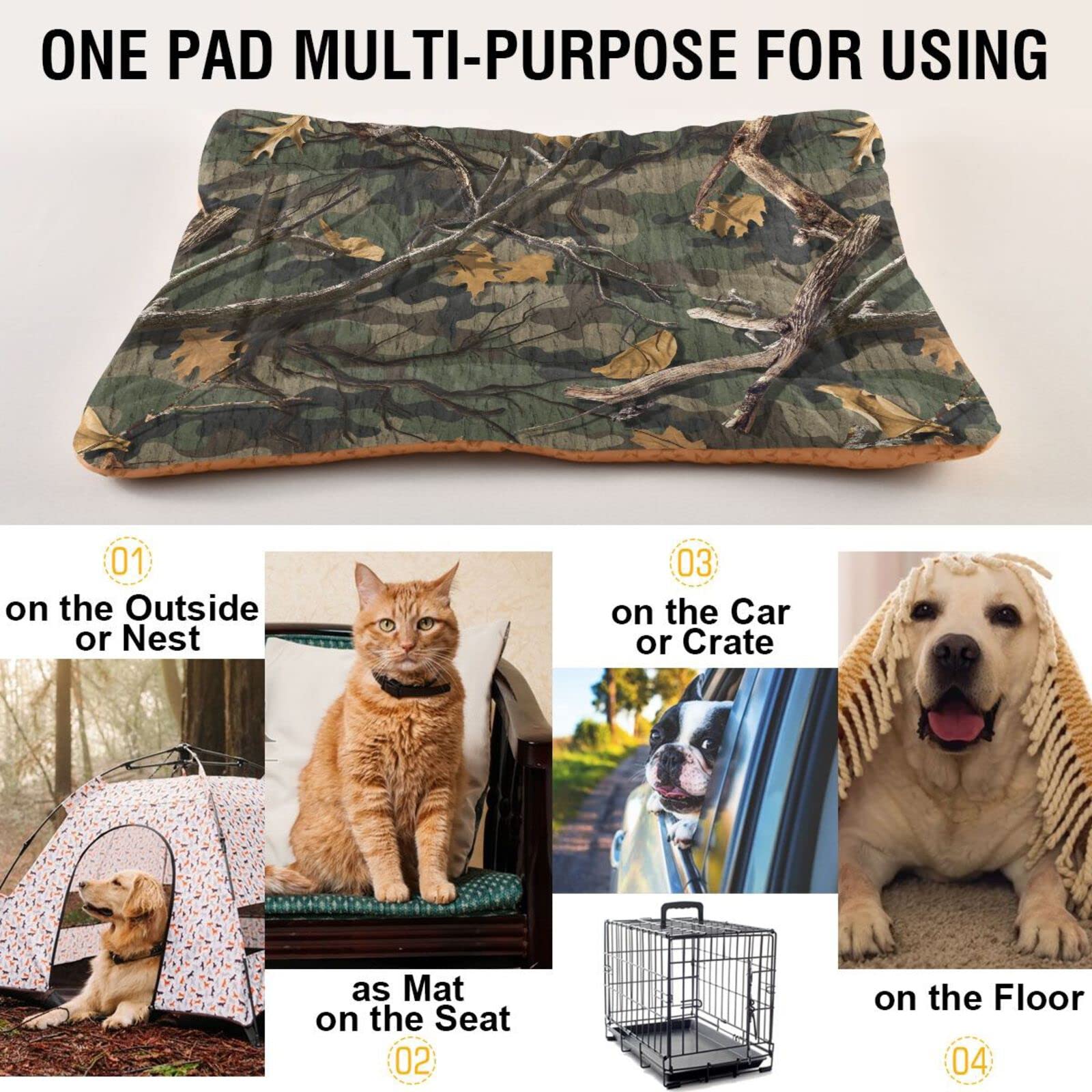 Emelivor Woods Camouflage Dog Cat Bed Washable Crate Pet Bed Anti-Slip Comfortable Breathable Crate Kennel Pad For Indoor Small