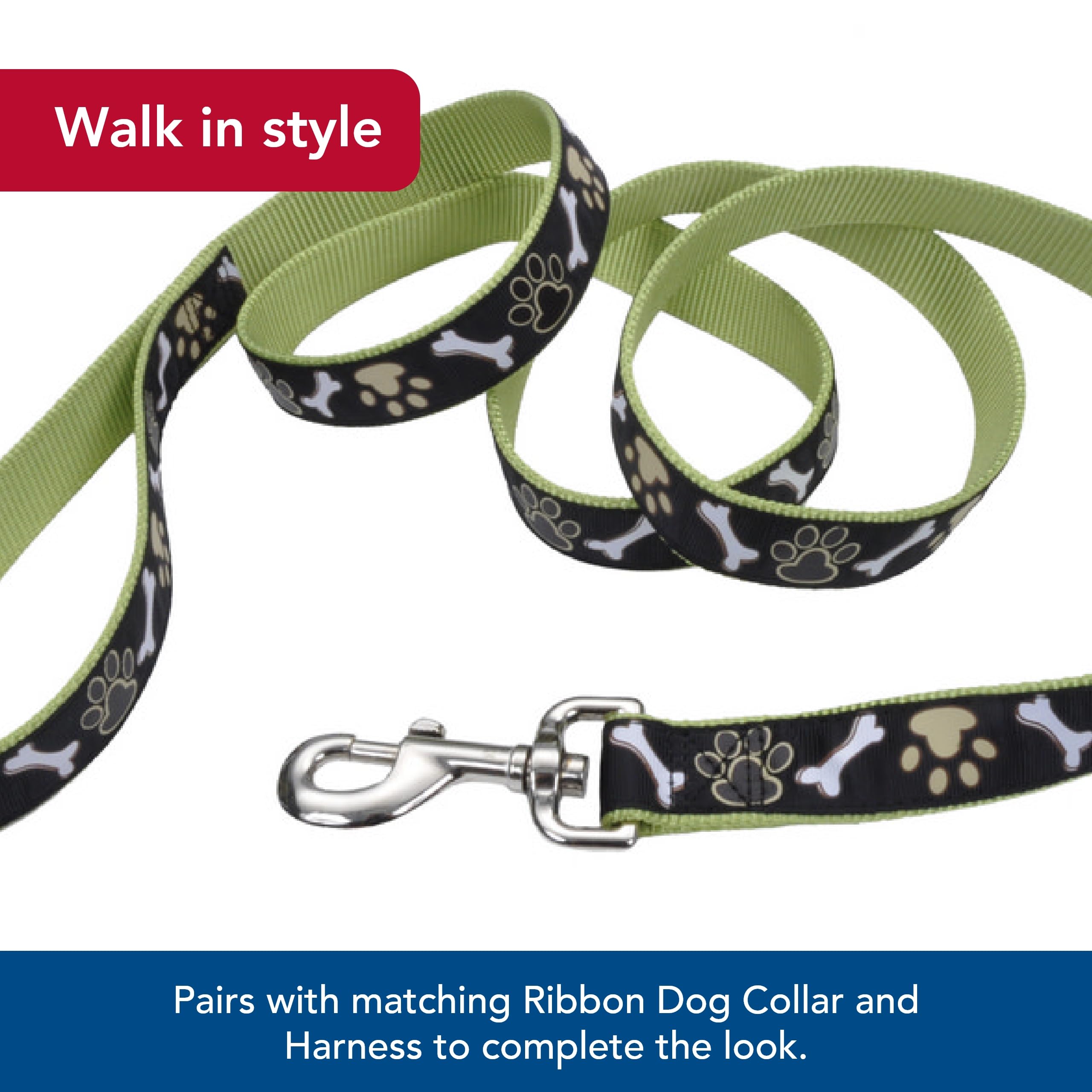 Coastal - Ribbon - Dog Leash, Brown Paws And Bones, 5/8'' X 06