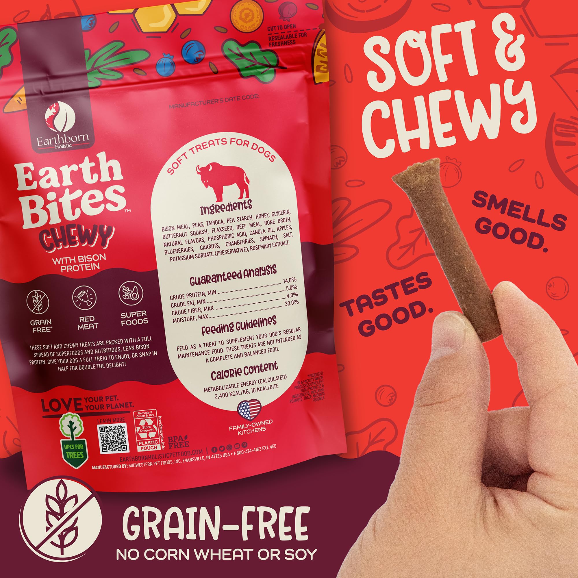 Earthborn Holistic EarthBites with Bison Grain-Free Soft Treats for Dogs & Puppies (7 oz. Pouch)