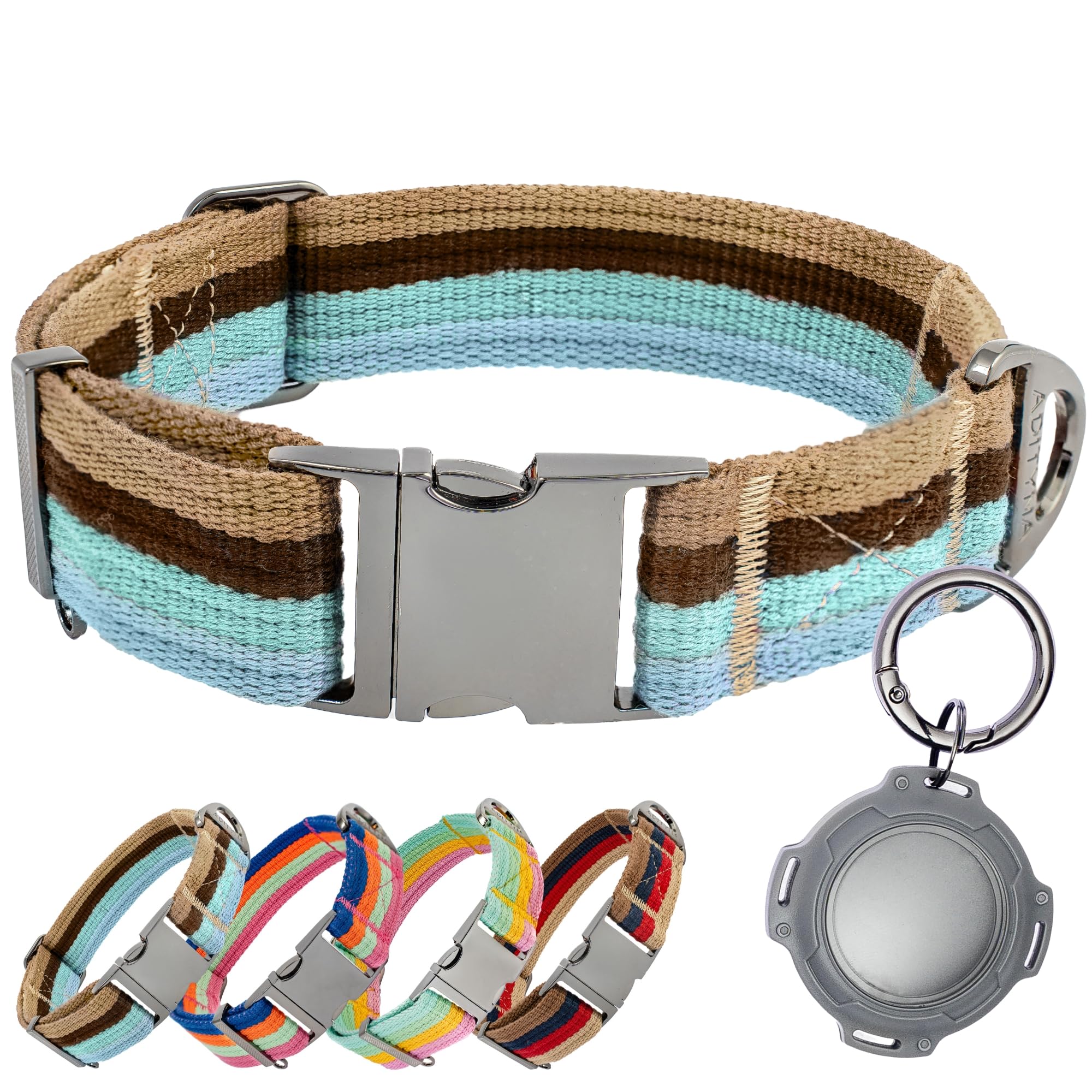 Adityna Cotton Dog Collar With Airtag Holder - Heavy-Duty Metal Buckle, Breathable, Easy Adjustable For Medium & Large Breeds - 