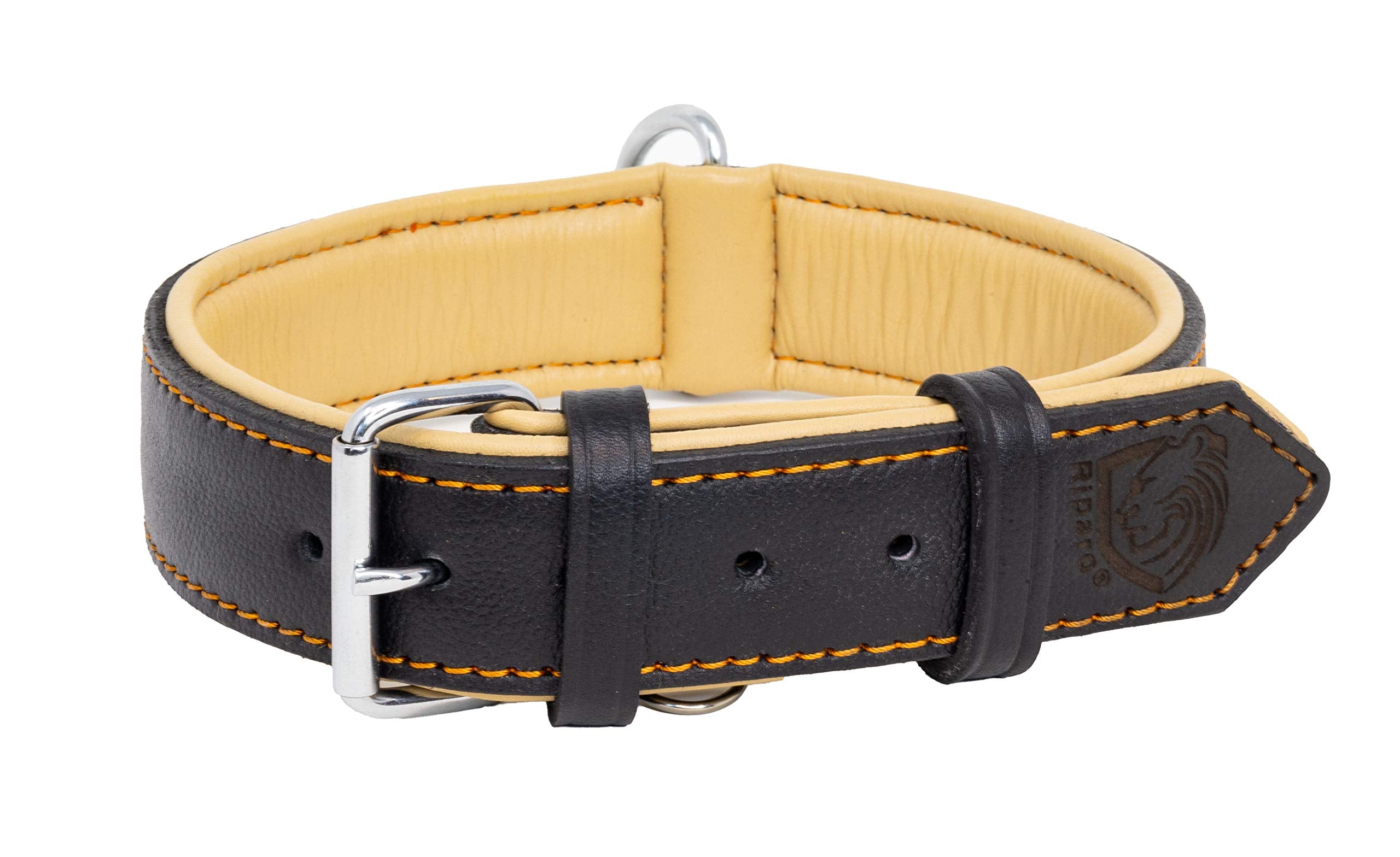Riparo Genuine Leather Padded Dog Heavy Duty K-9 Adjustable Collar (L, Black/Orange Thread)