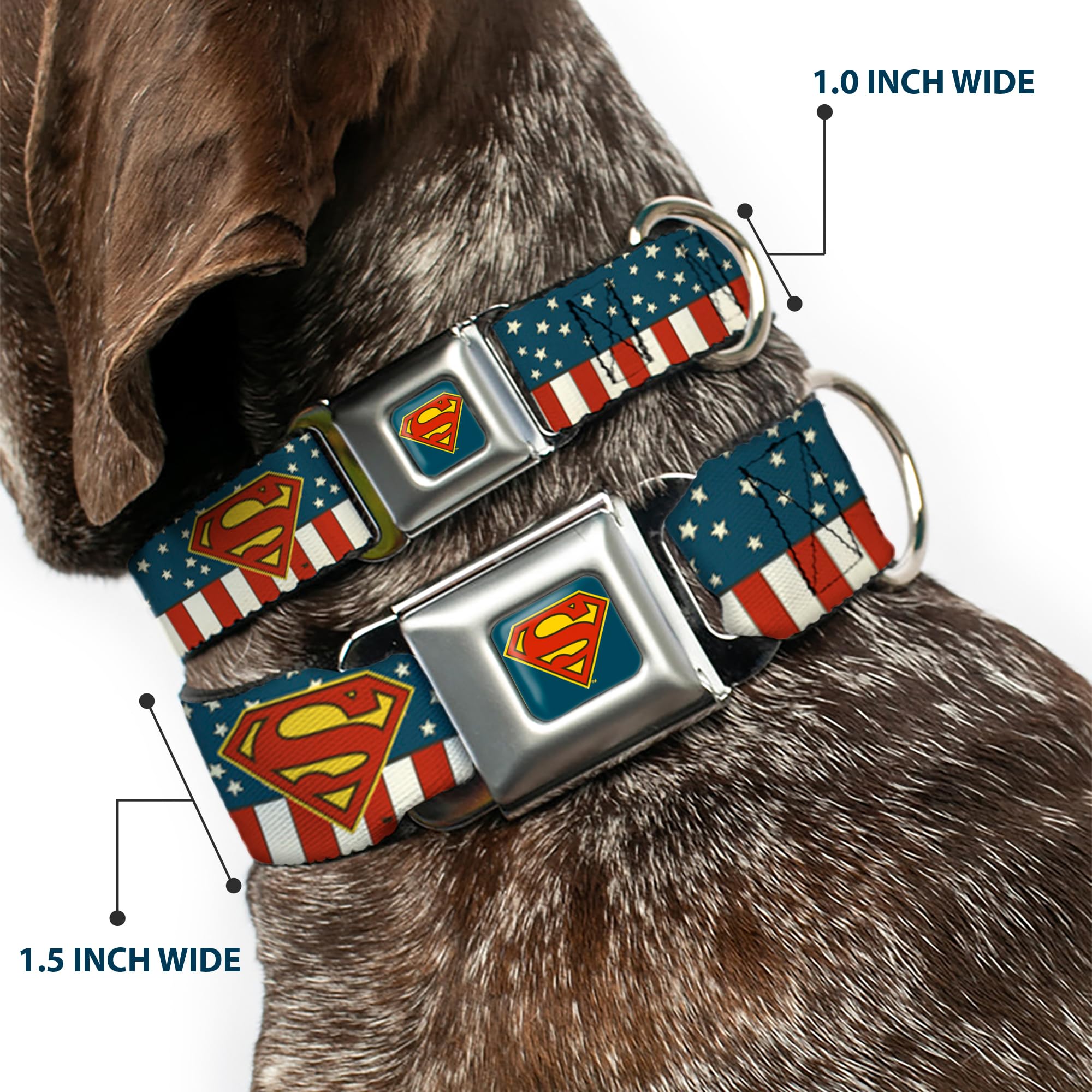 Buckle-Down Seatbelt Buckle Dog Collar - Superman Shield Americana Red/White/Blue/Yellow - 1.5' Wide - Fits 13-18' Neck - Smal