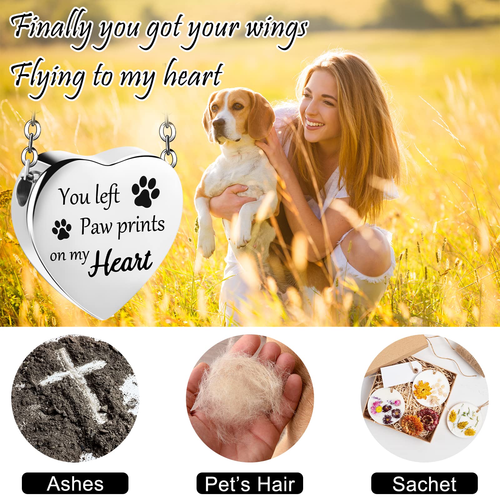 Yinkin 2 Pcs Pet Cremation Jewelry For Ashes Urn Necklace With Paw Print Heart, Pet Dog Necklace Stainless Steel Pendant Black And Silver Urn Locket With Funnel Kit For Dog Cat Ashes