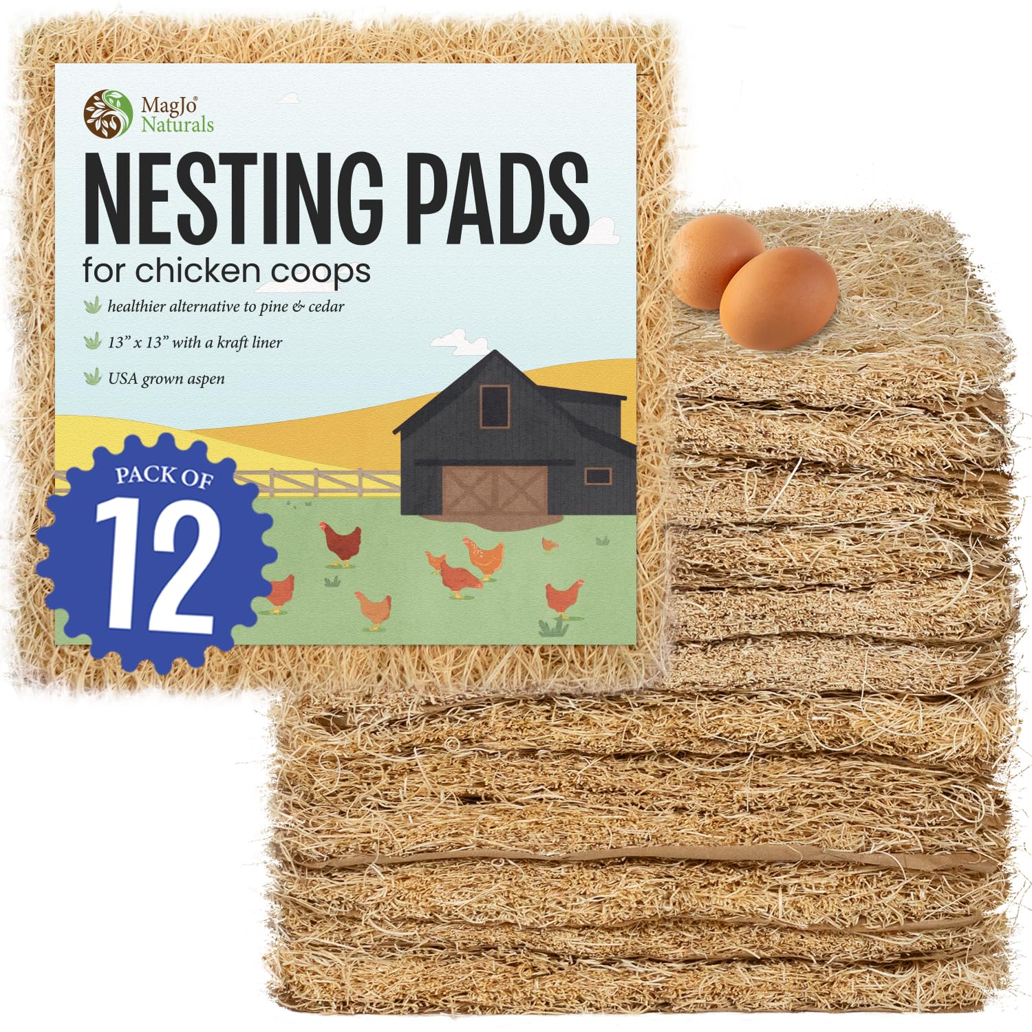 Magjo Premium Aspen 12 Pack Excelsior Nesting Liners (12 Pack), Chicken Bedding For Nesting Box, Nesting Pads Box Liners, Chicke