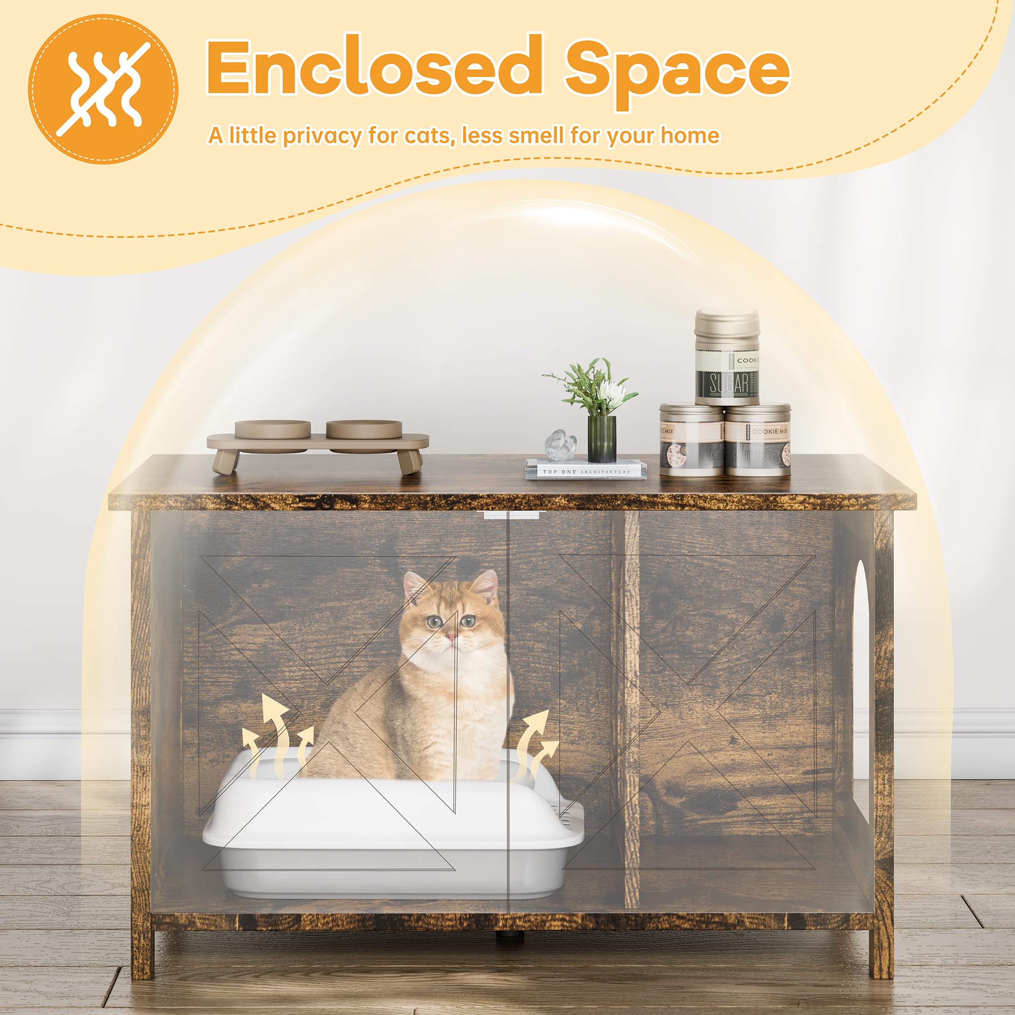 Shintenchi Cat Littler Box Enclosure, Litter Box Furniture Hidden with Removable Divider, Cat House with End Table, Brown