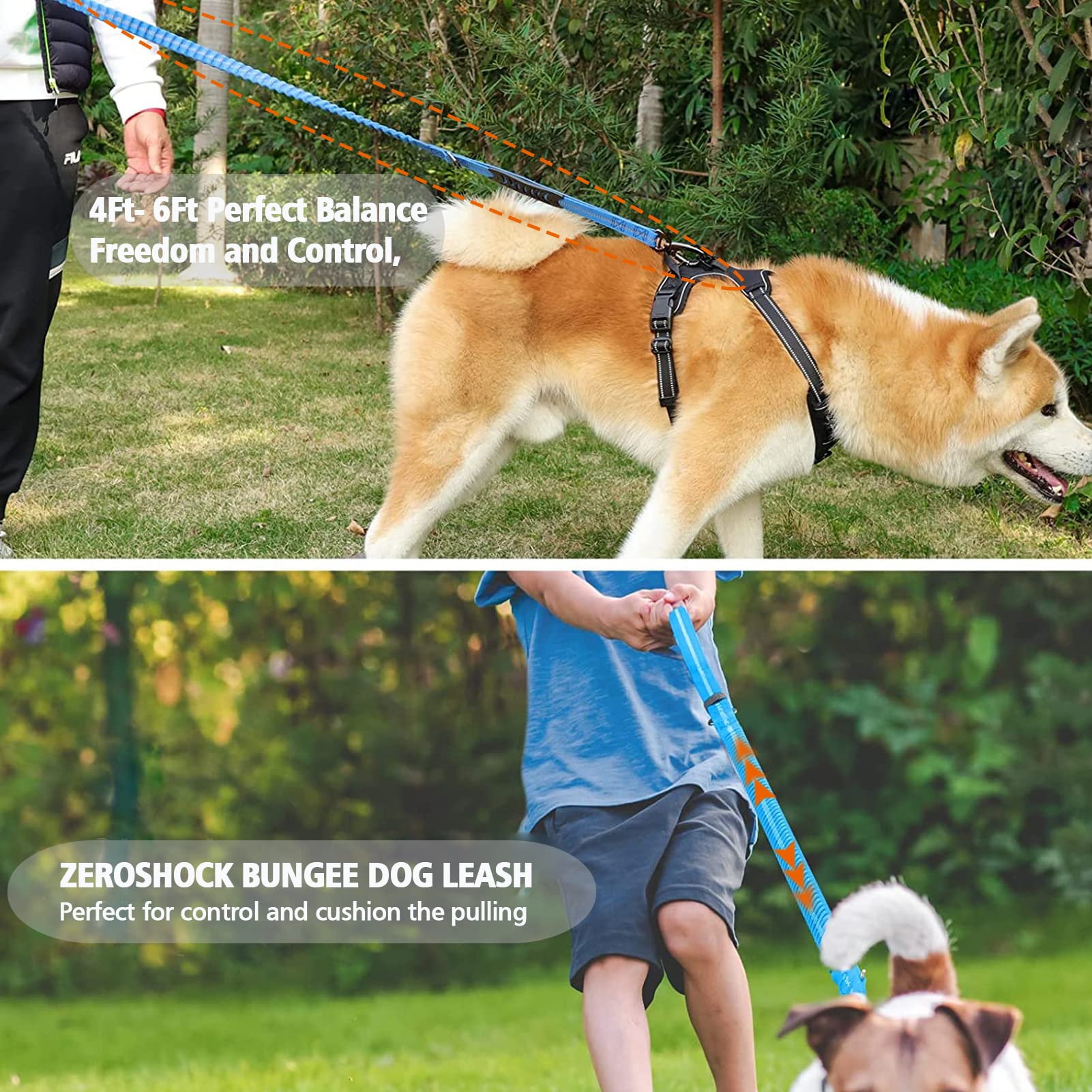 Dog Leash For Large Dog Heavy Duty, 4-6Ft Traffic Padded 2 Handles For Extra Control, Strong Shock Absorbing Bungee Dog Leash Wi