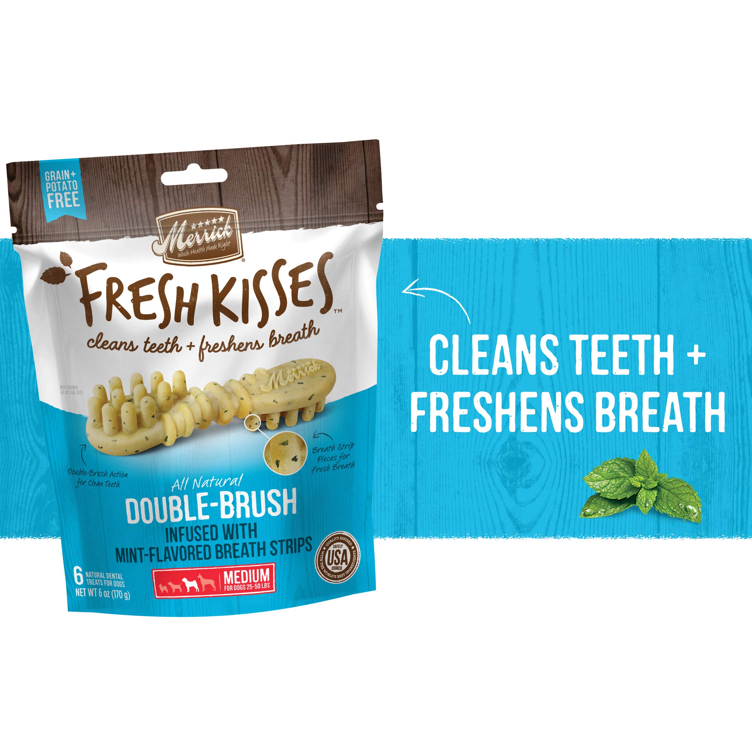 Merrick Fresh Kisses Natural Dental Chews Toothbrush Shape Treat Infused With Real Mint Medium Dogs - 6 ct. Bag