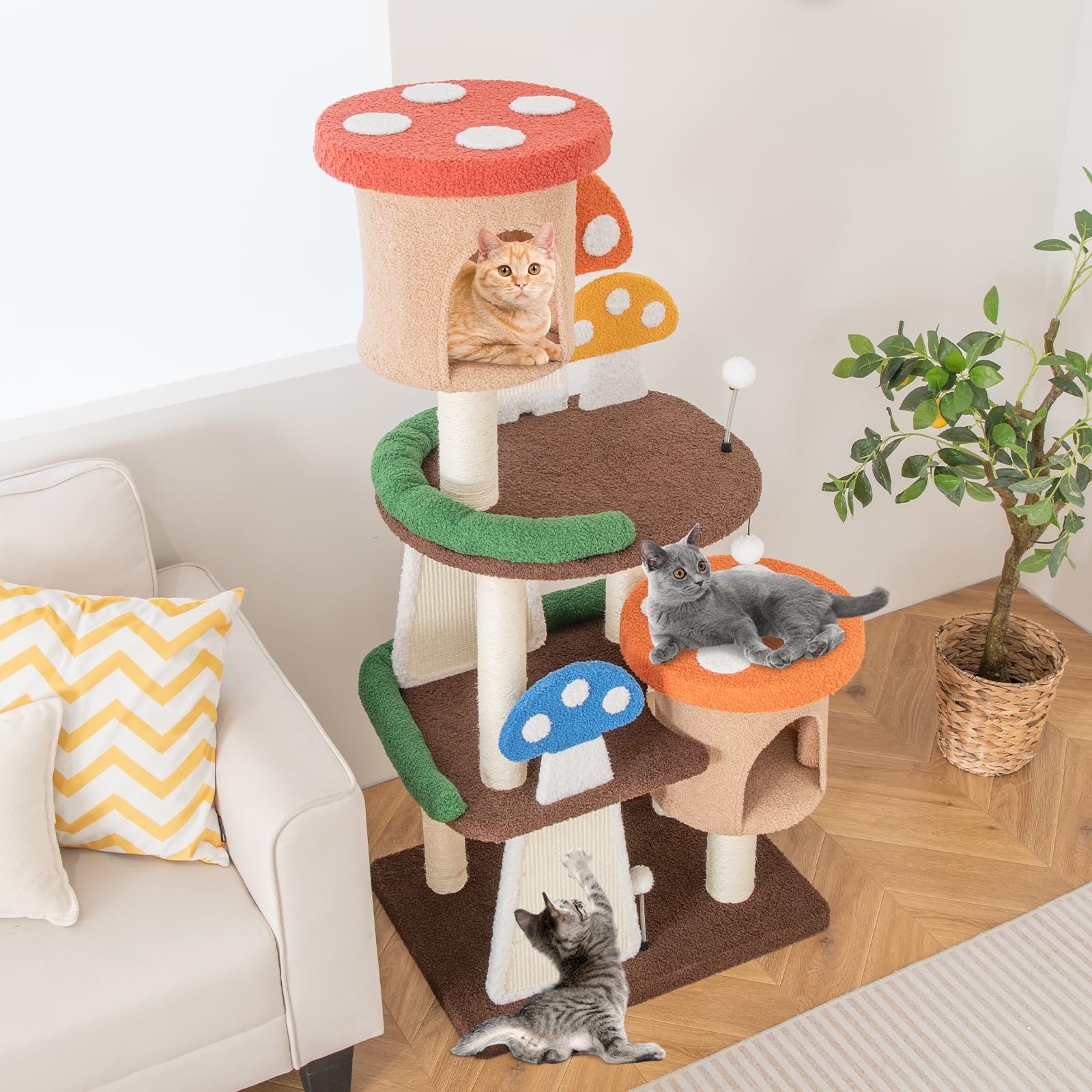 Tangkula Mushroom Cat Tree, Multi-Level Cute Cat Tower With Full-Wrapped Sisal Posts, Scratching Boards & Interactive Balls, 2 C