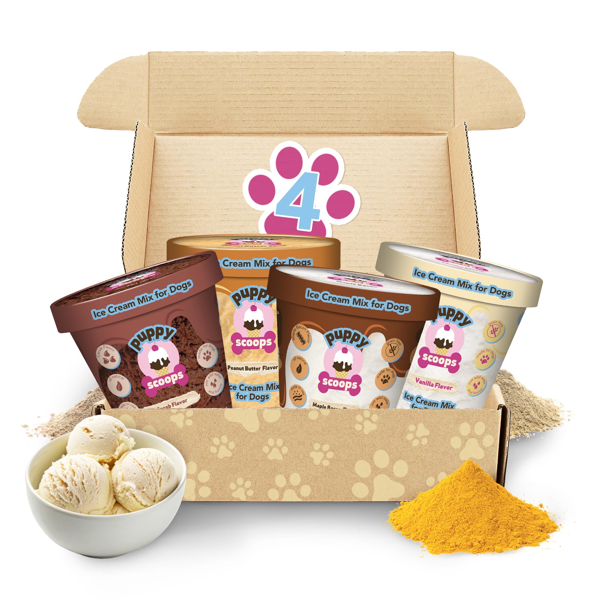 Puppy Scoops Dog Ice Cream Mix Variety Pack, 4 Flavors, 4.65 oz Each - Just Add Water and Freeze at Home, Powder Mix with Ice Cr