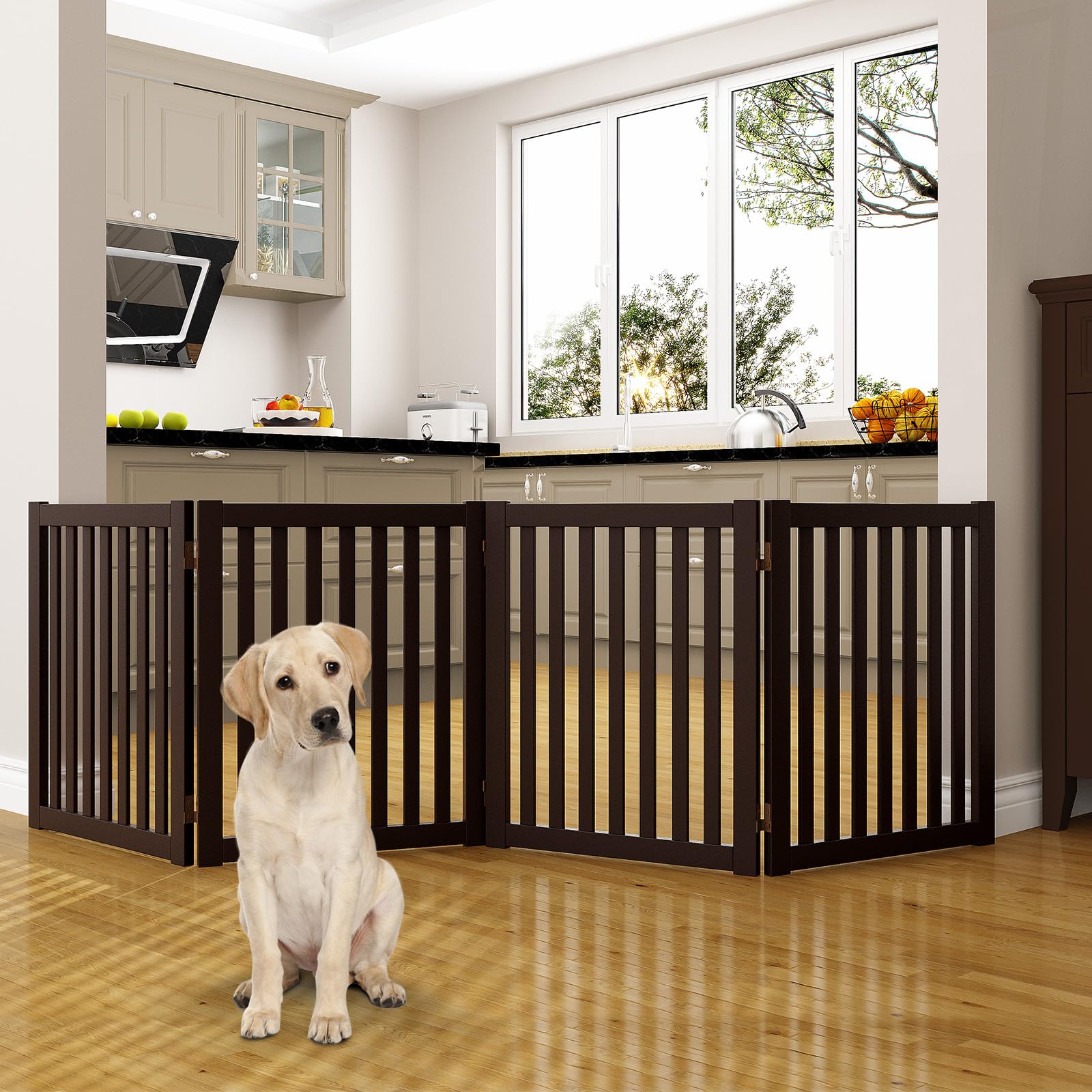 WELLAND 24'' Freestanding Pet Gate, Foldable Wooden Dog Gate, 4 Panel Step Over Fence, Indoor Puppy Gate, Expands Up to 80'' Wid