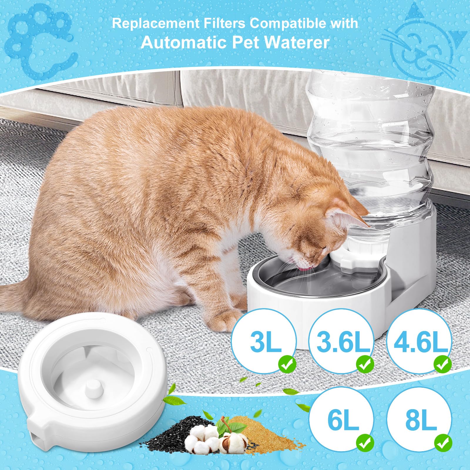 8 Pack Replacement Filters for 3.6L/4.6L/6L/8L Gravity Pet Water Dispenser, YOIHABV Dog Water Filter Replacement, Triple Filtrat