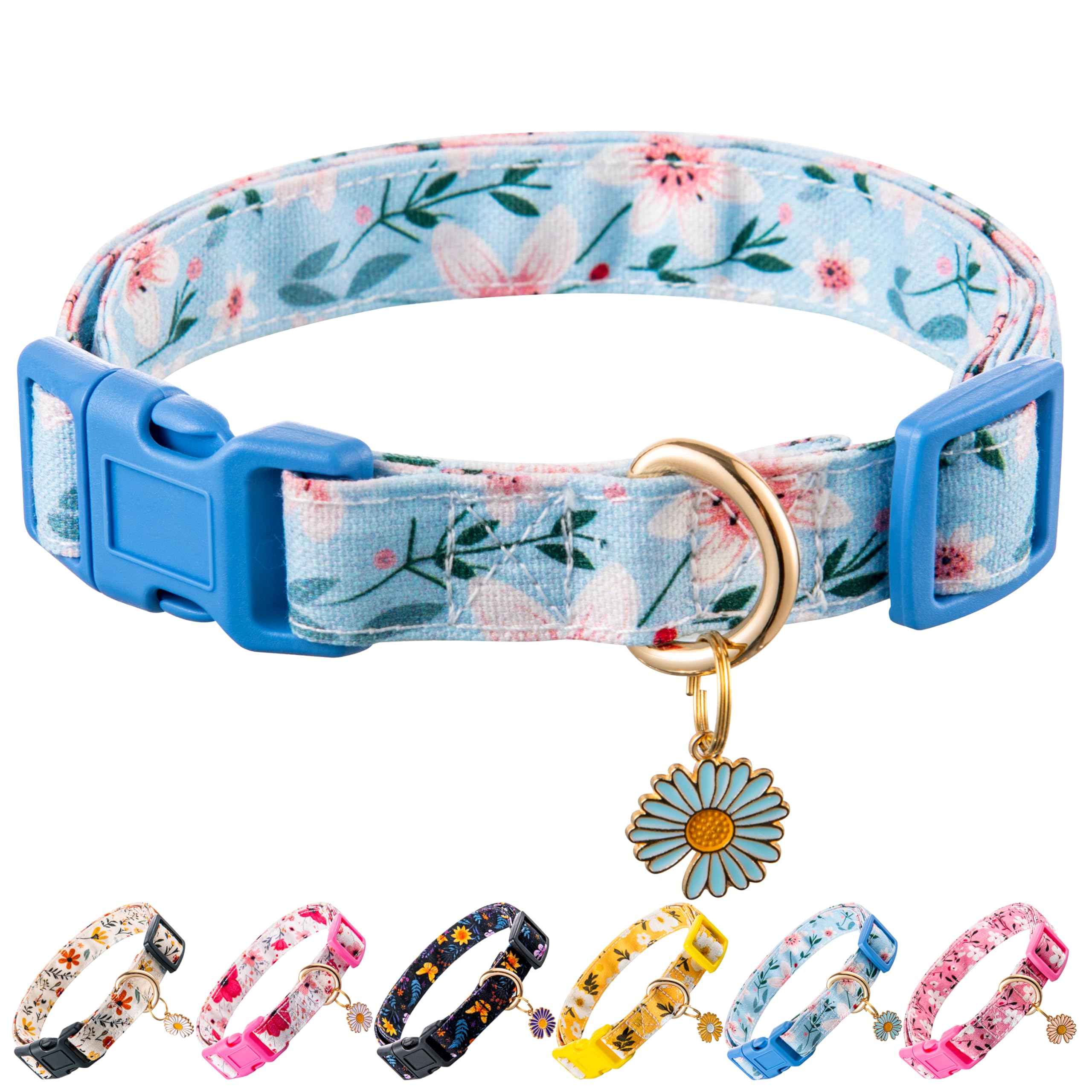 Raisingwell Cotton Dog Collar Blue Flower Pattern For Boys And Girls Cute Dog Collars Summer Fall Gift Adjustable For Medium To 