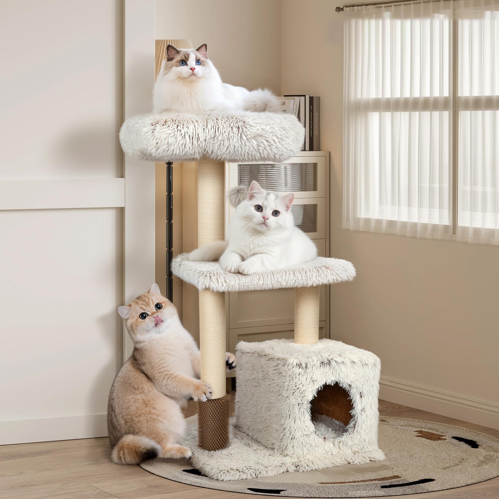 Kamaboko 41'' Tall Modern Cat Tree - Wooden Cat Tower With Cat Condo, Hammock & Top Perch, Cute Wood Cat Tree Natural Sisal Post