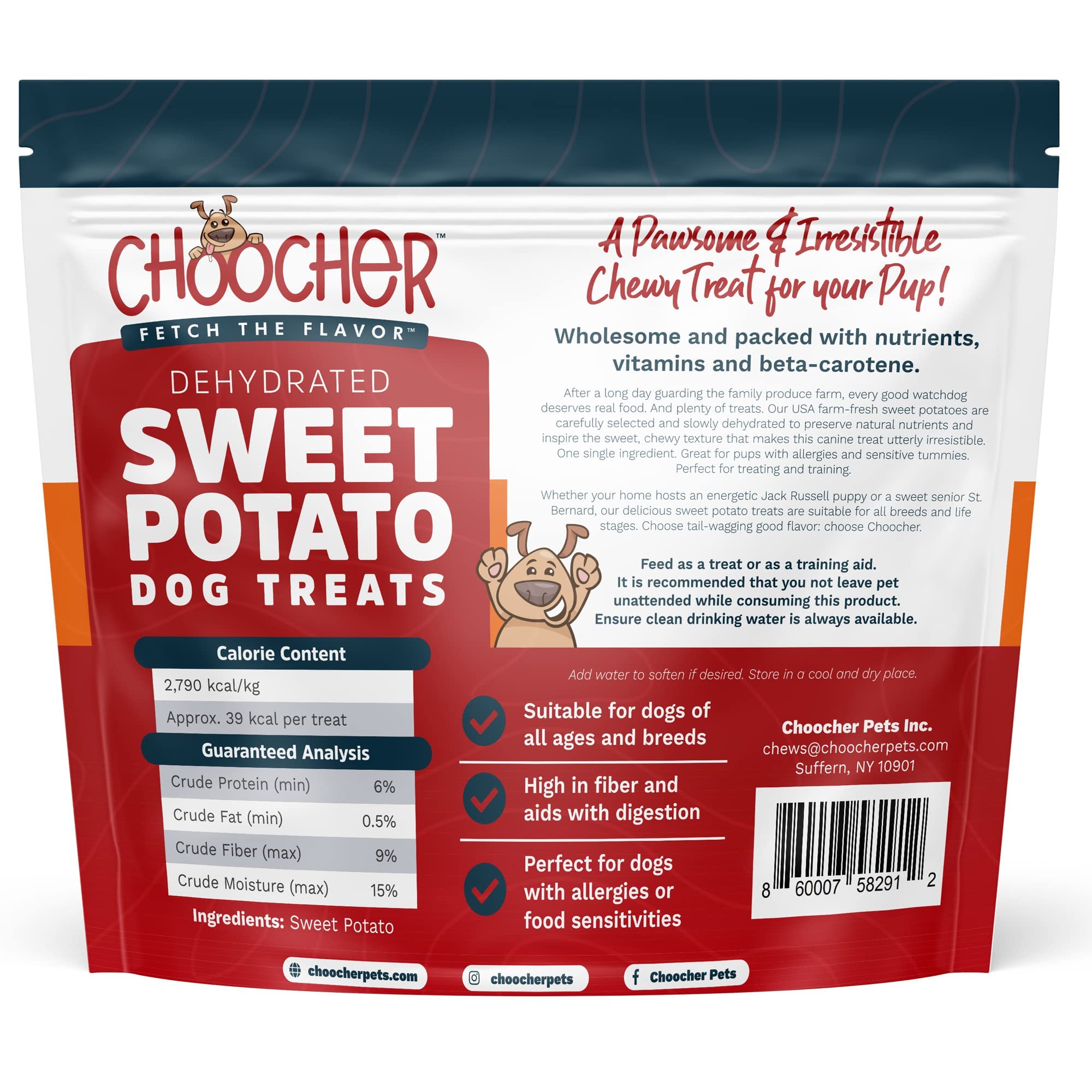 CHOOCHER Dehydrated Sweet Potato Dog Treats - High Fiber Gluten Free & Vegan Dental Chews for Small Medium Large Dogs - Made in