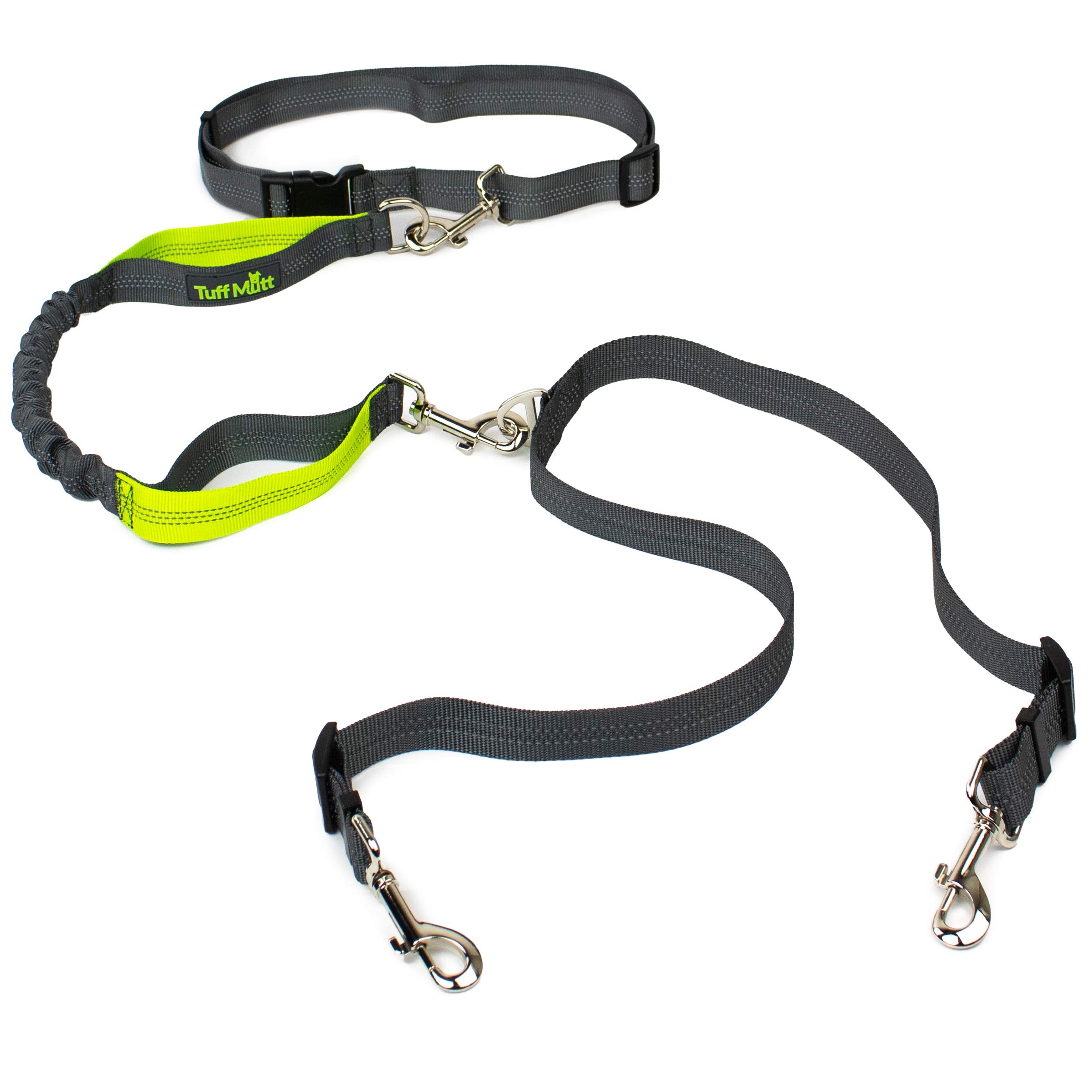 Tuff Mutt Hands Free Double Dog Leash For Running, Walking, And Hiking Two Dogs, Dual Handle Reflective Bungee Connects To Waist