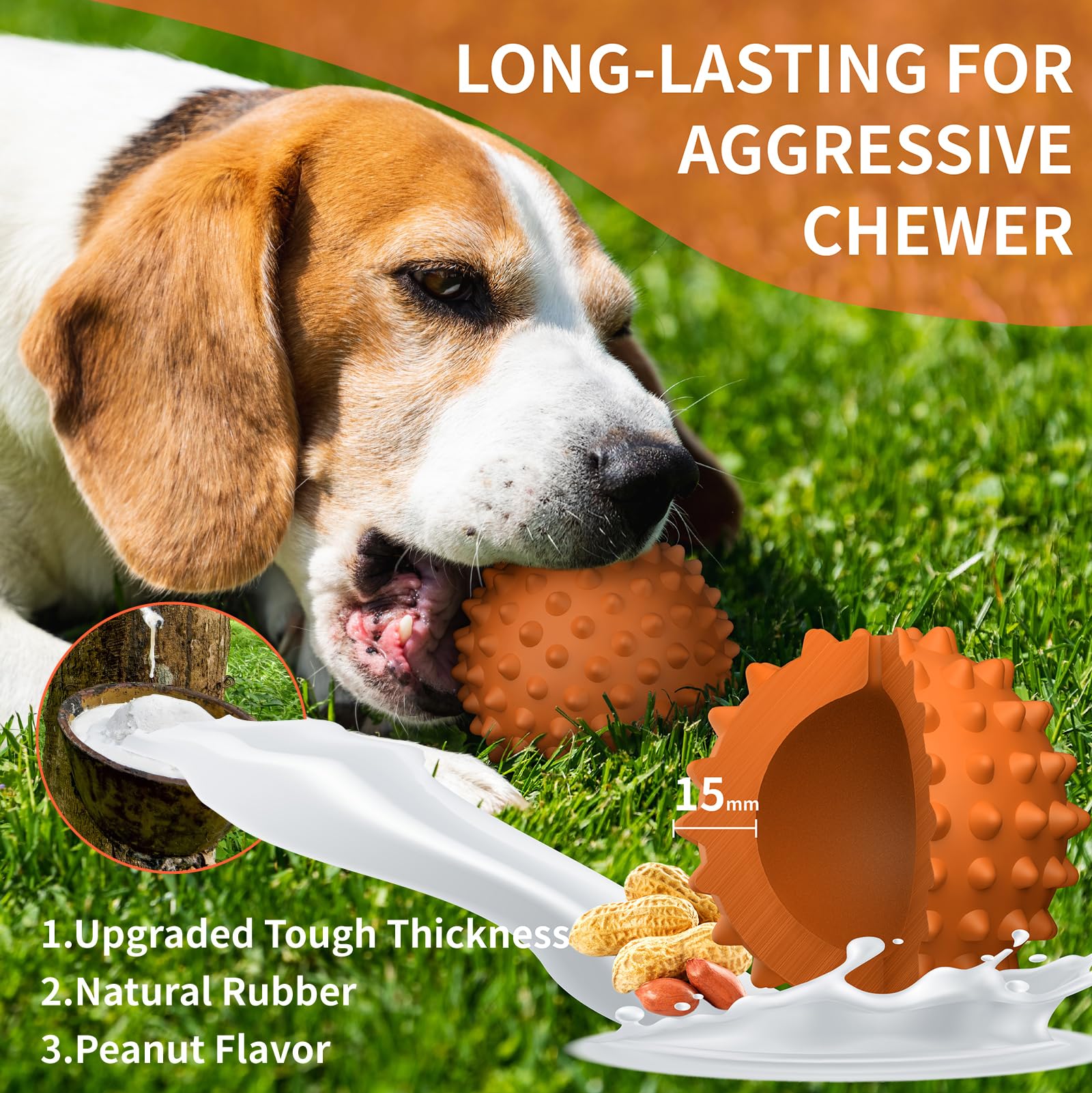 Apasiri Indestructible Peanut Flavor Dog Ball, Squeaky Rubber Toy for Large Breeds, Medium & Large, Orange